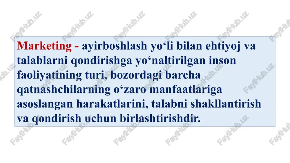 qilish korxonalardan bozorga mumkin qadar moslashishni va davlat iqtisodiy siyosatiga to‘liq javob berish bilan birga, ishlab chiqarishning samaradorligi va foydaliligini oshirish, mehnat natijalaridan moddiy manfaatdorlikni oshirishga asoslangan, o‘zining rivojlanish strategiyasini ishlab chiqish va amaliyotga joriy qilishni har vaqt talab qiladi. nima uchun bunday hol sodir bo‘ladi? chunki, marketingli yondashuvda qiymat qonuni va tovar ishlab chiqarishning boshqa iqtisodiy qonunlari qat’iy amal qiladi. ana shu asosida faqat bozorgina tovar-pul almashinuvini ta’minlaydi. lshlab chiqilgan moddiy boyliklar pul ekvivaientiga almashtirilmas ekan, ijtimoiy takror ishlab chiqarish tugallangan va to‘liq bo‘lmaydi va yangi ishlab chiqarish davri sikli boshlanishi o‘z o‘zidan mumkin emas. eng kam xomashyo, materiallar, mehnat va moliya resurslar sarfi bilan talabni ko‘proq, to‘laroq qondirishga imkon beradigan marketing strategiyasining ma’nosi ham ana shunda. shunday qilib, marketing usullaridan foydalanish korxona manfaatlari va maqsadlarini, jamiyat maqsadlari va manfaatlari bilan birlashtiradi, iqtisodiyot taraqqiyotiga mikro va makroiqtisodiy yondashuv birligini ta’minlaydi. respublikamiz o‘zining ijtimoiy maqsadlari va iqtisodiy dasturlarini faqat bozor …