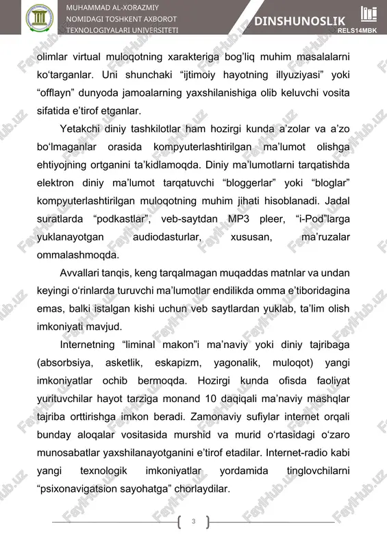 atlar yaxshilanayotganini e’tirof etadilar. internet-radio kabi yangi texnologik imkoniyatlar yordamida tinglovchilarni “psixonavigatsion sayohatga” chorlaydilar. kompyuter-media vositalari diniy amaliyotga chuqur singib ketishi natijasida kibermakon muhim rituallar maydoniga hamda muayyan dinga targ’ib qilish manbai va vositasiga aylangan. bundan tashqari jamiyatdan uzoqlashgan ma’lum bir yoshlar va ayollarni kiber-ma’naviyat rasmiy ibodatxonalardan ko‘ra ko‘proq o‘ziga jalb etadi. amaliy so‘rovlar esa mazkur jarayonlar kelajakda yoshlarni qamrab olishini ko‘rsatgan. ammo ba’zilar internet jonli, ta’sirchan ma’ruza bilan bellasha olmasligini ta’kidlaydi. shuningdek, onlayn-jamoalar tez suratlar bilan o‘zgarayotgan dunyoda “to‘g’ri yo‘l”da bo‘lishning amaliyoti qanday bo‘lishiga oid savol va mulohazalarni muhokama qiluvchi muhim “maydon”ga aylandi. umumiy olganda kibermakon vaqt va makon chegarasini bosib o‘tish imkoniyatini kengaytiradi. bu esa o‘z navbatida moliyaviy qiyinchiligi yoki jismoniy kamchiligi mavjud bo‘lgan ma’lum diniy amallarni amalga oshirish imkoniyatini oshiradi. muloqotga kirishishning yana bir ko‘rinishi bo‘lgan missionerlik, ma’lum diniy ta’limning o‘sishi va ta’siri doirasining kengligi bois alohida ko‘rib o‘tish zarur. bugungi kunda din va e’tiqod erkinligi huquqi …