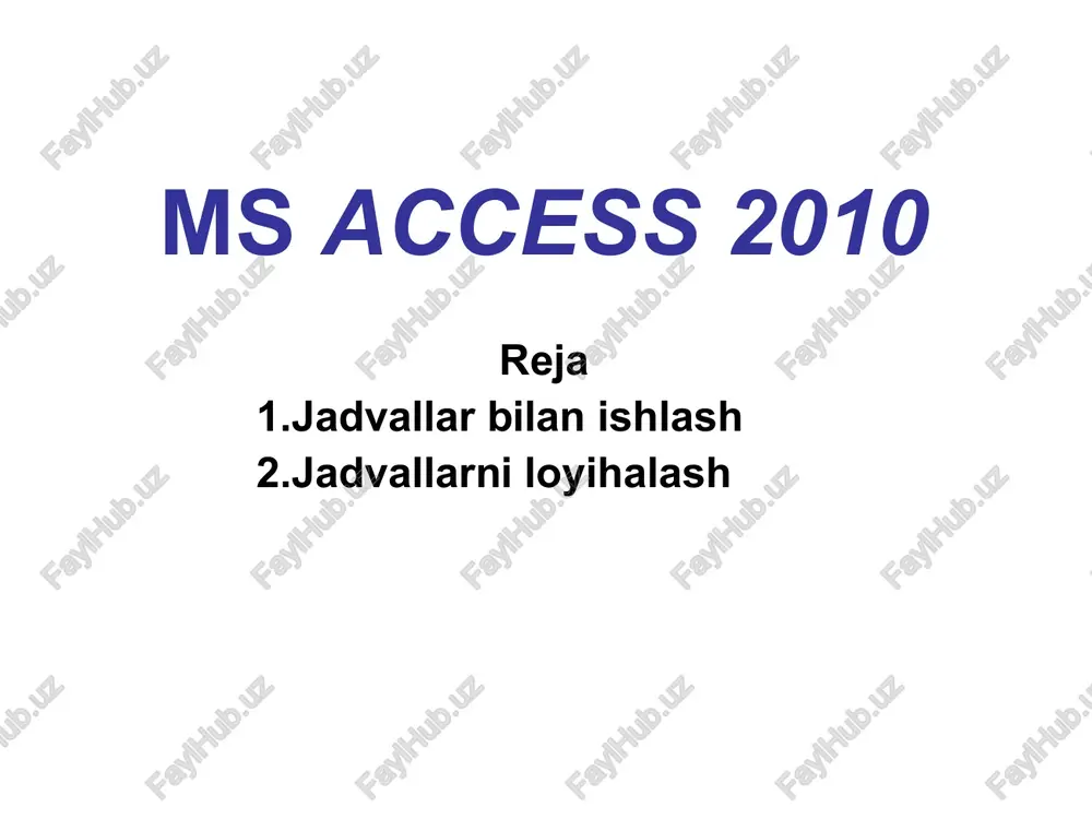 1 ni masaladagiga mos rusumi ga o’zgartiriladi. shu kabi boshqa maydonlarni turi va nomimi kiritiladi. * * jadval maydonlariga ma’lumot kiritishni yengillashtiruvchi ayrim amallar ctrl + ” (qo’shtirnoq) – yuqorisidagi qo’shni katakda joylashgan ma’lumot nusxasini joriy katakda hosil qilish ctrl + ; - katakda joriy sanani hosil qilish ctrl + shift + : - katakda joriy vaqtni hosil qilish * to’ldirilgan jadval ustida bajariladigan amallar 1. maydon ustidagi amallar lacetti * 2. maydondagi ma’lumotlarni filtrlash amallari matnli maydonlar uchun lacetti * 2. maydondagi ma’lumotlarni filtrlash amallari sonli maydonlar uchun * * jadval loyixalovchisi(konstruktor) rejimi konstruktor rejimiga o’tish jadval rejimiga o’tish konstruktor rejimi jadval rejimi lacetti * * * jadval loyixalovchisi(konstruktor) kalit maydoni maydon turi (ro’yhatdan tanlanadi) joriy maydon xossalari joriy maydon * * * jadval loyixalovchisi(konstruktor) konstruktor rejimida jadval rejimida lacetti * * * jadval bilan ishlash maydonlar yozuvlar joriy yozuv tanlash sohasi yangi yozuv 1-yozuvga o’tish avvalgi yozuvga joriy …