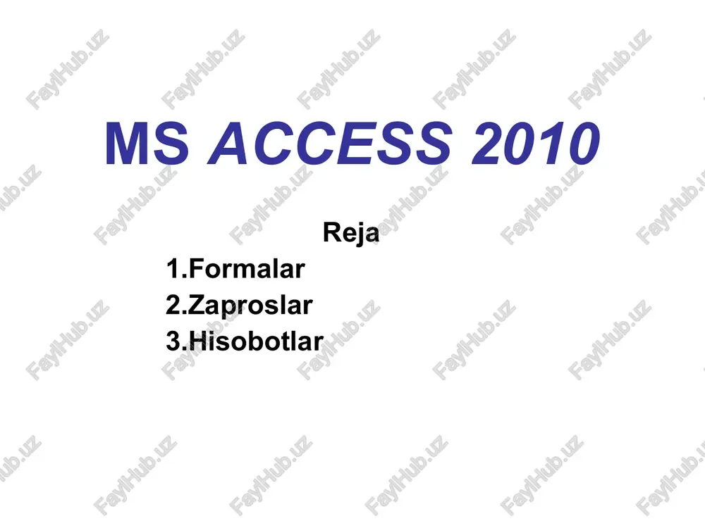 ifodalar sahifa nomeri sahifalar soni n sahifa m tadan joriy sana joriy sana va vaqt joriy vaqt “stranitsa” & page pages “stranitsa” & page & “iz” $ pages date() now() time() * * * * natijaviy so’rov (guruhiy amal) * * ma’lumotlar ombori access 2010 3. hisobotlar (otcheti) * * * hisobotlar yaratish hisobot (otchet) – bu ma’lumotlar omboridagi ma’lumotlarni ifodalash va chop etishga mo’ljallangan hujjatdir. * * * * hisobot yaratish ustasidan foydalanish: * * * * hisobotning yakuniy ko’rinishi * ba wacreg orserow rim 3 lame brrr wpe [sanwa ct?» ova] nis [ow | gms cie) le th tasemat oe oa fi kaa 79-0: w ta6nnual fall 9 ot atabase? base gannea (access 2007) “microsoft access “we car an fag oe a ow — kkeawes wiyxpar ‘ermop0 a (access acess abora ram tamas | coste bnew gpome pafora garam amen mlant tabs aeoqr be sicoen taénua konerpperop crucis …