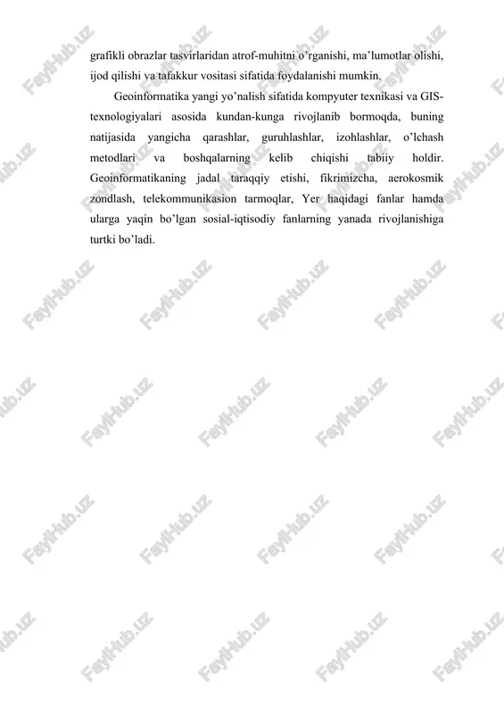 t, siyosat, ekologiya, resurslarni boshqarish va tabiatni muhofaza qilish, kadastr xizmati, fan, ta’lim, madaniyat va boshqa sohalarda samarali foydalanib kelinmoqda. gis global, regional, milliy, lokal, mahalliy miqyosda ona sayyoramiz yer haqidagi har xil ma’lumotlarni qamragan holda barcha sohada keng darajani egallagan: masalan, kartografiya, masofadan zondlash, statistika, kadastr, gidrometeorologiya, dala ekspedisiya kuzatish, quduq va suv ostini zondlab tekshirish va boshqalarda. gislarni tuzilishida qator xalqaro nufuzli tashkilotlar (bmt, yunep, fao va boshqalar) ishtirok etishadi. alohida olingan davlatlarning yirik tashkilotlari, vazirlik va idoralar, kartografik, geologik va yer xizmatlari, shaxsiy firmalar, ilmiy tadqiqot institutlari va universitetlar gisni ishlab chiqishga ko’plab moliyaviy mablag’ ajratmoqdalar. soha tashkilotlari esa, o’zlarining kichik telekomunikasion tarmoqlari bilan katta maydonlarni qoplangan geoinformatik infratuzilmalarini tashkil etganini hozirda kuzatish mumkin. hozirgi paytda, qator mamlakatlarda milliy va regional boshqarmalar tuzilgan bo’lib, ularning funksiyasiga gisni va avtomatik kartaga olishni rivojlantirish; geoinformatika sohasida yagona davlat siyosatini shakllantirish; milliy rejalashtirish, ma’lumot yig’ish va tarqatish; geografik informasiyani to’plash, …