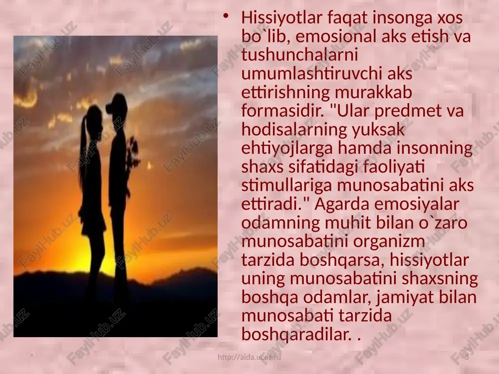 ga g`amgin bo`lib qaytaman, go’yo uyda meni qandaydir falokat kutayotgandek. buning sababi nima?". bu avtorga sababsiz bo`lib tuyulgan tipik kayfiyatning namunasidir. affekt - tez paydo bo`ladigan, nihoyat darajada kuchli, g`oyat jushqinlik bilan o`tadigan qisqa muddatli emosional holat. affektiv holatning paydo bo`lishi miya pustlog`ida kuchli qo`zg`alish manbaining vujudga kelishi bilan bog`liqdir. buning natijasida tormozlanish jarayonlari sussayadi va katta yarim sharlar po`stlog`i pustloq osti markazlaridan kelayotgan shiddatli impul’slar oqimini nazorat qilish, bostirish imkoniga ega bo`lmay qoladi. shunday qilib, miya po`stlog`i bilan pustloq osti faoliyati o`rtasidagi zarur muvozanat o`zgaradi. ehtiros - kuchli va shu bilan birga uzoq vaqt davom etadigan, qandaydir bir qiziqish, intilish va faoliyat bilan bog`liq bo`lgan barqaror his-tuyg`ulardir. ular insondagi extiyojlar(barchasi) qondirilishiga qaratilgandir stress - odamni kuchli, chuqur larzaga keltiradigan his-tuyg`ular oqibatidagi emosional holat. ular kuchli psixik zur berishlarda: xavf - xatar vaqtida, ortiqcha jismoniy va aqliy mehnat qilishda, faoliyatning juda qiyin va mas`uliyatli damlarida vujudga keladi. frustrasiya (lotincha - …