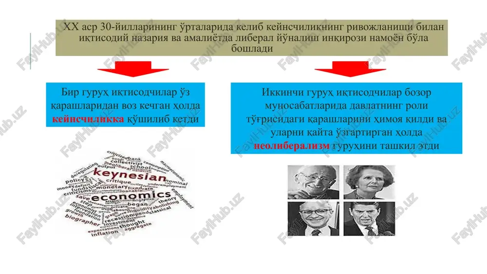 gangan. l.mizes sotsializmni xo'jalik yuritishning nobozor tizimi sifatida talqin etadi. sotsializm mantiq nuqtai nazaridan ham amaliyot nuqtai nazaridan ham istiqbolga ega emas, deb hisoblaydi. l.mizes 1881-1973 amerikalik iqtisodchi, faylasuf va sotsiolog mizes turli iqtisodiy tizimlarning amal qilishini tahlil qilish asosida ularni uch tipga bo'ladi: «buzilgan bozor» sof bozor xo'jaligi nobozor iqtisodiyot neoliberalizm: frayburg maktabi o'sha yili xo'jalik va ijtimoiy tuzum to'g'risidagi jurnalning ilk soni v.oyken muharrirligi ostida “ordo” nomi bilan chop etildi. v.oyken ishlatgan “ordo” so'zi “tabiiy tuzum ... erkin bozor xo'jaligi” tushunchasini bildiradi. «erkin bozor» va «ijtimoiy tenglashtirish» asosida adolatli taqsimlash tamoyillarini uyg'unlashtirish g'oyasi g'arbiy germaniya neoliberalizm vakillariga tegishli. ikkinchi jahon urushidan keyin neoliberalizm g'oyalari g'arbiy germaniya amaliyotida muvaffaqiyatli qo'llanila boshladi. 1948-yildan neoliberalizm bonning rasmiy doktrinasiga aylandi. ushbu tiplar sof holda yoki aralash shaklda uchraydi. g'arbiy germaniyada neoliberalizm doktrinasi “oyken maktabi” ta'sirida “ordoliberalizm”, deb atala boshladi. v. oykenning ta'kidlashicha, faqat ikki tipdagi iqtisodiyot mavjud: «ayirboshlashga asoslangan» (erkin ochiq xo'jalik) …