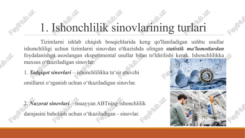 olinadi . ekpluatatsion va poligon sinashlar loyiha ishlarida sinash va tajribalar o‘tkazish agar sinovlarni tezlashtirish paytida normal rejimda yuzaga keladigan tabiiy eskirish va ishdan chiqish jarayoni buzilmagan bo'lsa , agar sinovdan o'tgan mahsulotning chiqish parametridagi o'zgarishlarning normal va majburiy rejimlarda taqsimoti o'xshash bo'lsa va buzilishlarni ajratish ularning sabablariga yaqin bo'lsa , sinovlarni tezlashtirish mumkin . tezlashtiruvchi omillar mexanik buzilish , harorat , elektr yuklanishi va boshqalar bo'lishi mumkin . tezlashtirilgan sinovlar odatda seriyali texnik uskunalar va ularning elementlari uchun uzoq vaqt davomida barqaror texnologiyalar yordamida ishlab chiqariladi . 2.ishlash sharoitida ishonchlilik sinovlari ishlash sharoitida ishonchlilik sinovlari tj abt ning eksperimental yoki sanoat ekspluatatsiyasi jarayonida mavjud texnologik boshqaruv moslamasi bilan birgalikda avtomatik jarayonlarni boshqarish tizimi va ularning elementlari hamda atrof-muhitga ta'siri to'g'risida ma'lumot to'plash va qayta ishlashdan iborat . ushbu sinovlar odatda aniqdir . umuman olganda , sanoat nazorati tizimlari uchun bir qator funksiyalar va ba'zi texnik vositalar uchun , masalan …