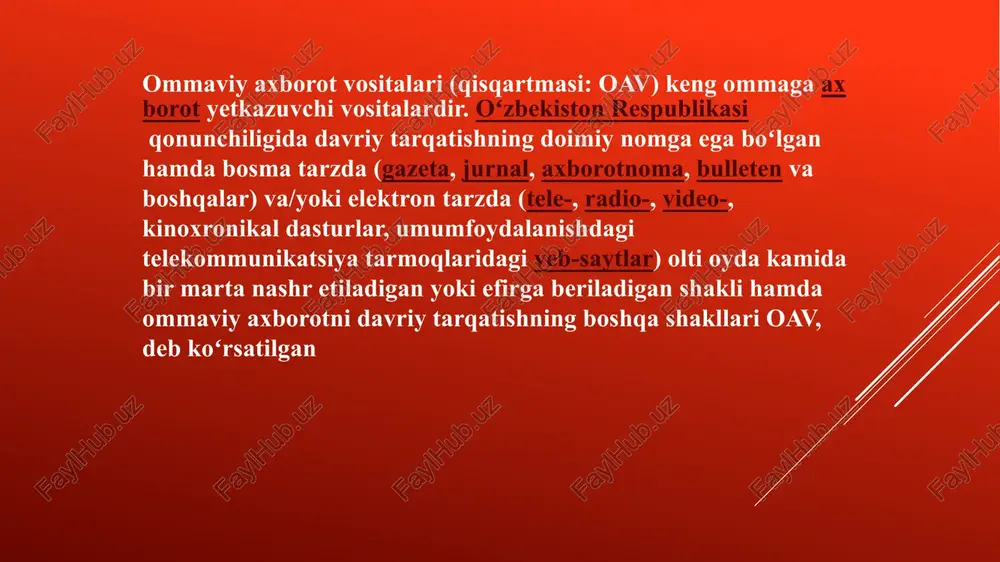 ng uchun, avvalo, ushbu masalada ma’muriy javobgarlik belgilansa, yaxshi bo‘lardi. 2022-yilning o‘tgan 5 oyi ichida efirga uzatilayotgan 6 ta davlat, 3 ta nodavlat telekanalda 188 ta axborotda yoshga oid tasnif qo‘yilmagani aniqlandi. bu tasniflar qo‘yilmasligi mutaxassislarning malakasi yetishmasligi, masalaning mohiyatiga uncha e’tibor berilmasligi, deb ko‘rsatilmoqda. o‘tgan 5 oyda mazkur masalada 33 ta ko‘rsatma va ogohlantirish xatlarini berganmiz. teleradiokanallarda tashkil etilgan badiiy kengashlar ko‘rsatuvlarni efirga uzatish, shu jumladan, tasniflash choralarni ham ko‘rishi kerak. afsuski, ular o‘zlariga yuklatilgan vazifalarni to‘laqonli bajarmayapti. biz qonunchilik bo‘yicha e’tiborni qaratamiz, ko‘rsatmalar beramiz. lekin tan olish kerak, qonunchilikda bu masalada ham ma’muriy javobgarlik belgilanmagan”, — dedi agentlik rahbari. o‘zbekiston respublikasining qonuni “ommaviy axborot vositalari to‘g‘risida”gi o‘zbekiston respublikasi qonuniga o‘zgartish va qo‘shimchalar kiritish haqida qonunchilik palatasi tomonidan 2006-yil 28-iyunda qabul qilingan. o‘zbekiston respublikasi prezidentining "ommaviy axborot vositalari mustaqilligini ta'minlash hamda davlat organlari va tashkilotlari axborot xizmatlari faoliyatini rivojlantirish bo‘yicha qo‘shimcha chora-tadbirlar to‘g‘risida"gi qarori o‘zbekiston respublikasi prezidentining "ommaviy axborot …