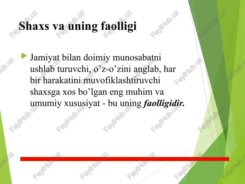 naltirilganiga qarab, avvalo tashqi va ichki faoliyat farqlanadi. tashqi faoliyat shaxsni o’rab turgan tashqi muhit va undagi narsa va hodisalarni o’zgartirishga qaratilgan faoliyat bo’lsa, ichki faoliyat - birinchi navbatda aqliy faoliyat bo’lib, u sof psixologik jarayonlarning kechishidan kelib chiqadi. kelib chiqishi nuqtai nazaridan ichki - aqliy, psixik faoliyat tashqi predmetli faoliyatdan kelib chiqadi. dastlab predmetli tashqi faoliyat ro’y beradi, tajriba orttirib borilgan sari, sekin-asta bu harakatlar ichki aqliy jarayonlarga aylanib boradi. buni nutq faoliyati misolida oladigan bo’lsak, bola dastlabki so’zlarni qattiq tovush bilan tashqi nutqida ifoda etadi, keyinchalik ichida o’zicha gapirishga o’rganib, o’ylaydigan, mulohaza yuritadigan, o’z oldiga maqsad va rejalar qo’yadigan bo’lib boradi. har qanday faoliyat ham tashqi harakatlar asosida shakllanadi va motor komponentlardan iborat bo’lishi mumkin. tashki real xatti-harakatlarning ichki harakatlarga aylanish ja-rayoni, tashqi ijtimoiy faoliyatni oʻzlashtirish tufayli odam ichki psixikasining shakllanishi. psixologiyada interiorizatsiya deb, aksincha, aqlda shakllangan g’oyalarni bevosita tashqi harakatlarda yoki tashqi faoliyatga ko’chirilishi eksteriorizatsiya deb yuritiladi. …