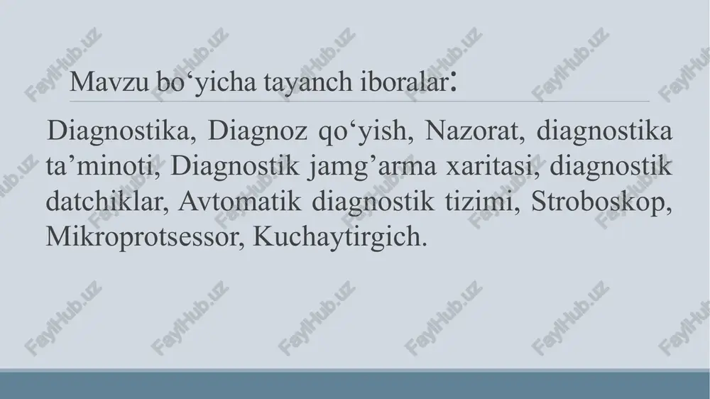 soblanadi. buzilishlarni aniqlash va ularni bartaraf qilish hamda o‘z vaqtida profilaktika ishlarini o‘tkazish eskirish suratini pasaytiradi, buzilmasdan ishlash extimolligini oshiradi va ta‘mirlash ishlari hajmini kamaytiradi. avtomatik tizimlarni yaratish va ekspluatasiya bosqichlarida diagnostika ta‘minoti. avtomatlashtirish vositalarini loyihalayotganda (texnik topshiriqni ishlab chiqish bosqichida) quyidagilar belgilanadi: - ekspluatatsiya sharoitlaridan kelib chiqqan holda diagnostika turlari, davriyligi va mehnat hajmi; - diagnostikaning qoidalari va ketma-ketligi; - diagnostika parametrlarining ro‘yxati va avtomatlashtirish vositasining texnik holatini bildiradigan, nuqsonlar qidirishni ta‘minlaydigan sifat belgilari; - tuzilmaviy, diagnostik parametrlarning nominal, yo‘l qo‘yilgan va chegaraviy miqdorlari va parametr qiymatlarining yuriladigan yo‘lga bog‘liqligi; - parametr o‘lchamlarining aniqligiga qo‘yiladigan tachablar; - diagnostika vositalari ro‘yxati, avtomatlashtirish vositasi va tarkibiy qismlarining diagnostika o‘tkazilayotgandagi ish tartibotlari; - avtomatlashtirish vositasining nazoratga yaroqlilik ko‘rsatkichlariga - qo‘yiladigan talablar; - diagnoz qo‘yish vaqtida mehnat muhofazasi, xavfsizlik - texnikasiga qo‘yiladigan talablar va boshqala avtomatlashtirish vositalarini ekspluatatsiya qiladigan korxona texnik xizmat ko‘rsatish, joriy ta‘mirlash va ekspluatatsiya bo‘yicha qo‘llanmaga binoan quyidagilarni ishlab chiqadi: …