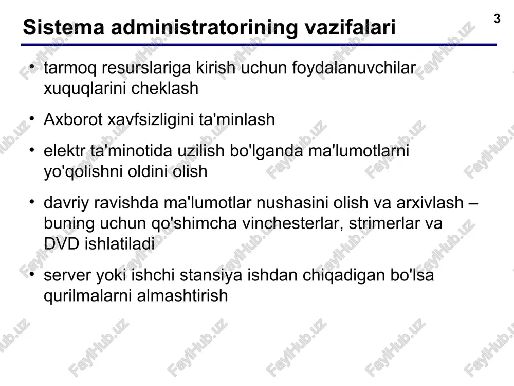 l) – bu tarmoqda ma'lumotlar almashi tartibini aniqlovchi kelishuv va qoidalar to'plamidir. internetga ulangan tarmoqlarda –tcp/ip (transmission control protocol / internet protocol) protokolidan foydalaniladi paketlarga bo'lish (1,5 kbgacha): kontrolnaya summa: ma'lumotlar bo'yicha maxsus algoritm yordamida hisoblanadi. crc = cyclic redundancy check qabul qiluvchi manzili jo'natuvchi manzili paket uzunligi ma'lumotlar kontrolnaya summa * * tarmoqda ishlatiladigan qurilmalar tarmoq kartalari (setevie adapteri) tarmoq kabellari koaksial «to'qilgan juftlik» optik tolali izolyasiya o'tkazuvchi (mis) o'tkazuvchi qobiq (shisha) qobiq (plastik) asosiy tola (shisha) * * tarmoqda ishlatiladigan qurilmalar xablar (konsentratorlar) – olingan ma'lumotni barcha portlarga jo'natadi. svitchlar (kommutatorlar) – olingan ma'lumotni faqat kerakli manzilga jo'natadi. * * tarmoqlar orasidagi aloqalar most (bridge) ikkita maxalliy tarmoqni birlashtiradi. svitch kabi ishlaydi, lekin o'zining prosessori bor. most marshrutizator (router) paketlarni maxsus qoidalar – marshrutlashtirish jadvallari bo'yicha jo'natadi (maxalliy tarmoqdan internetga). qisqa yo'lni aniqlash, uzilgan joylarni aylanib o'tish. variant: ikkita tarmoq kartalari bor kompyuter. … yoki kompyuter * * …