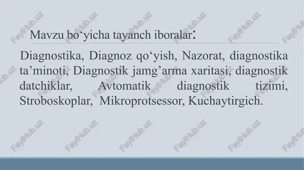 soblanadi. buzilishlarni aniqlash va ularni bartaraf qilish hamda o‘z vaqtida profilaktika ishlarini o‘tkazish eskirish suratini pasaytiradi, buzilmasdan ishlash extimolligini oshiradi va ta‘mirlash ishlari hajmini kamaytiradi. avtomatik tizimlarni yaratish va ekspluatasiya bosqichlarida diagnostika ta‘minoti. avtomatlashtirish vositalarini loyihalayotganda (texnik topshiriqni ishlab chiqish bosqichida) quyidagilar belgilanadi: - ekspluatatsiya sharoitlaridan kelib chiqqan holda diagnostika turlari, davriyligi va mehnat hajmi; - diagnostikaning qoidalari va ketma-ketligi; - diagnostika parametrlarining ro‘yxati va avtomatlashtirish vositasining texnik holatini bildiradigan, nuqsonlar qidirishni ta‘minlaydigan sifat belgilari; - tuzilmaviy, diagnostik parametrlarning nominal, yo‘l qo‘yilgan va chegaraviy miqdorlari va parametr qiymatlarining yuriladigan yo‘lga bog‘liqligi; - parametr o‘lchamlarining aniqligiga qo‘yiladigan tachablar; - diagnostika vositalari ro‘yxati, avtomatlashtirish vositasi va tarkibiy qismlarining diagnostika o‘tkazilayotgandagi ish tartibotlari; - avtomatlashtirish vositasining nazoratga yaroqlilik ko‘rsatkichlariga - qo‘yiladigan talablar; - diagnoz qo‘yish vaqtida mehnat muhofazasi, xavfsizlik - texnikasiga qo‘yiladigan talablar va boshqala avtomatlashtirish vositalarini ekspluatatsiya qiladigan korxona texnik xizmat ko‘rsatish, joriy ta‘mirlash va ekspluatatsiya bo‘yicha qo‘llanmaga binoan quyidagilarni ishlab chiqadi: …