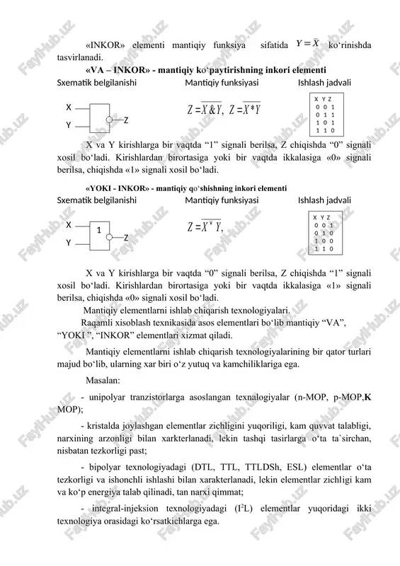 . mantiqiy elementlarni ishlab chiqarish texnologiyalari. raqamli xisoblash texnikasida asos elementlari bo‘lib mantiqiy “va”, “yoki ”, “inkor” elementlari xizmat qiladi. mantiqiy elementlarni ishlab chiqarish texnologiyalarining bir qator turlari majud bo‘lib, ularning xar biri o‘z yutuq va kamchiliklariga ega. masalan: - unipolyar tranzistorlarga asoslangan texnalogiyalar (n-mop, p-mop,k mop); - kristalda joylashgan elementlar zichligini yuqoriligi, kam quvvat talabligi, narxining arzonligi bilan xarkterlanadi, lekin tashqi tasirlarga o‘ta ta`sirchan, nisbatan tezkorligi past; - bipolyar texnologiyadagi (dtl, ttl, ttldsh, esl) elementlar o‘ta tezkorligi va ishonchli ishlashi bilan xarakterlanadi, lekin elementlar zichligi kam va ko‘p energiya talab qilinadi, tan narxi qimmat; - integral-injeksion texnologiyadagi (i2l) elementlar yuqoridagi ikki texnologiya orasidagi ko‘rsatkichlarga ega. ( « inkor » u k t r 1 r 2 r 3 t u k u r 2 r 1 d 2 d 1 t r 2 r 1 d 1 d 2 & u x 1 x 2 u v u k …