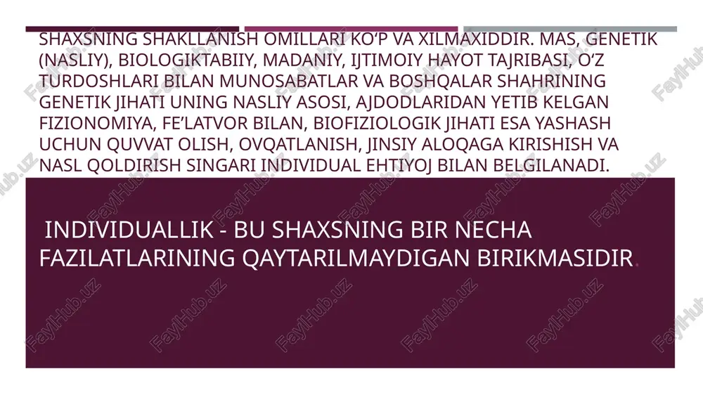 bog`liqdir. ushbu yo`nalish asoschilaridan biri jon lokk yangi tug`ilgan bolaning miyasini toza taxtaga o`xshatadi. go`yoki, uning miyasiga kattalar xohlagan narsasini yozishlari mumkin. ular tajribani ikkiga ajratadilar: tashqi va ichki tajriba. yo`nalish tarafdorlarining fikricha, tashqi tajriba - bu moddiy dunyoni narsalarning ta`siridan hosil bo`ladigan bizning sezgilarimizdir. ichki tajriba esa ruxning mustaqil harakatidir. etiboringiz uchun rahmat shaxs ® shaxs- ijtimoly hodisa, u!vagt bilan chambarchas bog|liq va insonda tarixan nima bor bo'lsa, shularni aks ettiradi, ® shaxs fazilatlari- tug ma gobiliyat emas, lekin ijtimoiy -madaniy taraqgiyot natijasida yuzaga keladi, ® shaxs shakllanishi- jamiyatda inson 0 o'rmini topish jarayonidir. shaxs