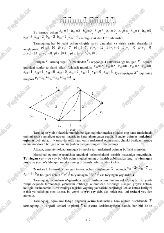 aqat bitta o‘pqonga ega bo‘lsin. bir necha manba va/yoki o‘pqonga ega bo‘lgan tarmoqning orgrafiga yangi elementlar qo‘shib olish yo‘li bilan yuqoridagi xususiy holga osonlik bilan keltiriladi[footnoteref:1]. [1: masalan, agar manbalar bittadan ko‘p bo‘lsa, u holda yangi (qalbaki) manba tarmoqqa kiritiladi va grafning qalbaki manbaga mos yangi uchi uning haqiqiy manbalariga mos uchlari bilan yoylar vositasida tutashtiriladi. o‘pqonlar ko‘p bo‘lganda ham shunga o‘xshash ish amalga oshiriladi.] orgrafning har bir yoyiga manfiymas sonlar mos qo‘yilgan bo‘lib, biror uchun quyidagi shartlar bajarilsin: 1) 2) orgrafda mavjud barcha yoylar uchun . bu shartlar bajarilganda to‘plamga tarmoqdagi manbadan o‘pqonga yo‘nalgan oqim deb, miqdorga esa, bu oqimning miqdori deb ataladi. 1) va 2) shartlarni qanoatlantiruvchi har bir songa yoy bo‘ylab oqim yoki yoy oqimi deyiladi. yuqoridagi 1) shartga ko‘ra manba va o‘pqondan farqli istalgan uchga “kiruvchi” oqim shu uchdan “chiquvchi” oqimga tengdir, 2) shartga ko‘ra esa, istalgan yoy bo‘ylab oqim miqdori shu yoyning o‘tkashish qobiliyatidan oshmaydi. …