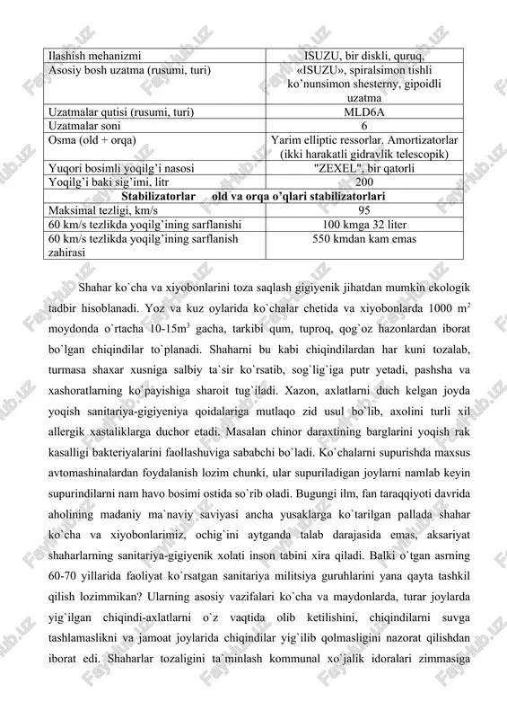 n pallada shahar ko`cha va xiyobonlarimiz, ochig`ini aytganda talab darajasida emas, aksariyat shaharlarning sanitariya-gigiyenik xolati inson tabini xira qiladi. balki o`tgan asrning 60-70 yillarida faoliyat ko`rsatgan sanitariya militsiya guruhlarini yana qayta tashkil qilish lozimmikan? ularning asosiy vazifalari ko`cha va maydonlarda, turar joylarda yig`ilgan chiqindi-axlatlarni o`z vaqtida olib ketilishini, chiqindilarni suvga tashlamaslikni va jamoat joylarida chiqindilar yig`ilib qolmasligini nazorat qilishdan iborat edi. shaharlar tozaligini ta`minlash kommunal xo`jalik idoralari zimmasiga yuklatiladi. shahar ko`cha va hiyobonlardan chiqadigan chiqitlarni olib chiqib ketish uchun zarur bo`lgan barcha asbob uskunalar, traktor, avtoulovlar ushbu idora ixtiyoriga beriladi. shaharlar tozaligi, nazorati bilan esa shahar sanitariya muassasasi shug`ullanadi va quyidagi vazifalarni bajaradi: 1. shahar tasarrufidagi barcha kichik daxalarda nazorat punktlarini tashkil etish; 2. ogohlantirish, sanitariya nazoratini olib borish; 3. chiqindi axlatlarni tozalash inshoatlariga olib borish, kompost qilish maydonlarida chiqindilarni kuydirish, kospostlash va qayta ishlash jarayonlarini nazorat qilish; 4. shaharlarning iflosligi bilan bog`liq bo`lgan kasalliklarning kelib chiqish sabablarini taxlil qilish, …