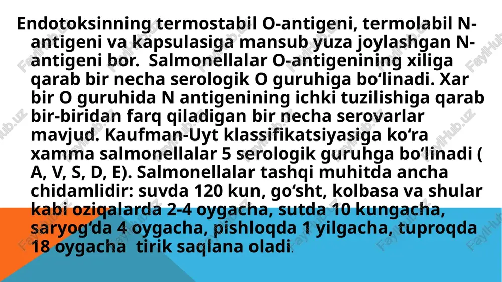 ish (degidratatsiya) holatiga keltirib qo‘yadi. salmonellalar zo‘r berib ko‘payishi va ko‘plab parchalanishi natijasida ajralgan endotoksin shok holatiga sabab bo‘lishi mumkin. endotoksik shok yuz berganda qonning ivish tizimi zararlanadi, mikrotsirkulyasiya izdan chiqadi va to‘qimalarda kislorod etishmaydi (gipoksiya), bu esa o‘z navbatida moddalar almashinuvining buzilishi, atsidoz boshlanishi, qonda mochevina va qoldiq azotning ko‘payshiga, xar xil a’zolar hujayralarining distrofiya va nekrozga uchrashiga sababchi bo‘ladi. shunday qilib, salmonellyoz patogenezi mohiyat-e’tibori bilan toksinemiya va bakteremiyaga bog‘liq. keyinchalik organizmning ximoya mexanizmlari kuchayib, qondagi salmonellalarni retikuloendotelial sistema va parenximatoz a’zolar qamrab oladi va asta-sekin parchalaydi, buning natijasida organizm salmonellalardan xolos bo‘ladi. bemor organizmining himoya quvvati etarli bo‘lmagan xollarda u bakteriya tashuvchi bo‘lib qoladi. patologik anatomiyasi. salmonellyozda asosiy patologoanotomik o‘zgarishlar ichaklarda kuzatiladi. ingichka ichakda kataral, yo‘g‘on ichakda kataral-gemmoragik, follikulyar-gemmoragik, fibrinoz, yarali, yarali-difteritik o‘zgarishlar kuzatiladi. bir vaqtning o‘zida o‘zgarishlar oshqazon, ichki organlar, limfatik tugunlarda kuzatiladi.oshqazonda shish, qizarish, epiteliylar ko‘chishi kuzatiladi. yurak muskullari, jigar, taloqda degenerativ o‘zgarishlar kuzatiladi. mashhur olim …