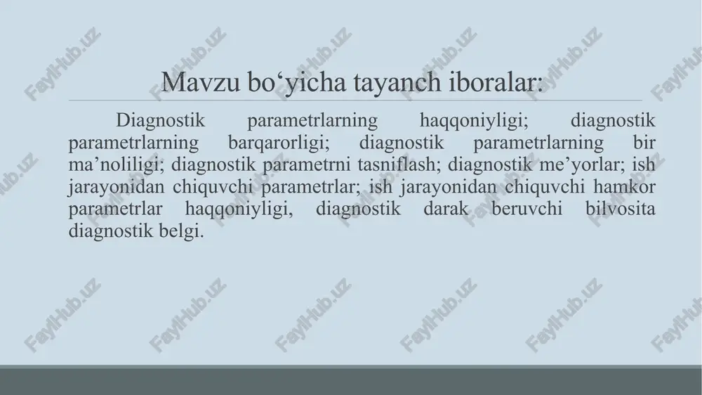 va xususiyatlarini xarakterli bilvosita ko'rsatkichlar ( diagnostik parametrlar ) bo'yicha aniqlash tushuniladi . diagnostika turlari : - texnik xizmat ko‘rsatish jarayonida diagnostikalash ; - amaliy diagnostika; - manba diagnostikasi . mavzu bo‘yicha tayanch iboralar : diagnostik parametrlarning haqqoniyligi ; diagnostik parametrlarning barqarorligi ; diagnostik parametrlarning bir ma’noliligi ; diagnostik parametrni tasniflash ; diagnostik me’yorlar ; ish jarayonidan chiquvchi parametrlar ; ish jarayonidan chiquvchi hamkor parametrlar haqqoniyligi , diagnostik darak beruvchi bilvosita diagnostik belgi . reja: 1 . diagnostika klassifikatsiyasi . 2 . avtomatlashtirish sistemalarning diagnostikasi . 3 . avtomatlashtirish sistemalarning diagnostika ko‘rsatkichlariga ta‘sir etuvchi omillar , sistemalarning diagnostik ko‘rsatkichlari . parametrlarni o'lchash prinsipi bo'yicha diagnostika usullari bevosita va bilvosita turlarga bo‘linadi . bilvosita diagnostika usuli - mashina mexanizmlarini qismlarga ajratmasdan datchikdan yoki diagnostika moslamasidan tashqarida o'rnatishda mashina yig'ilishlarining texnik holatini bilvosita ( diagnostik ) parametrlar bo'yicha aniqlashga asoslanadi . bilvosita usullar mashina mexanizmlari , tizimlari va birikmalarining texnik holatini tavsiflovchi …