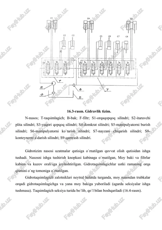 manipulyator. 1-burish ramasi; 2,3,4,6,9-gidrosilindrlar; 5-nayza (strela); 7-qamrash qurilmasi; 8-ulagich; manipulyator gorizontal tekislikda siljiganda, burish ramasi ustki ramaga birlashtirilgan plastik asosli yuzada siljiydi. manipulyator nayzani yuqoriga va pastga jildiradi, chiqaradi va qayta o`rniga kirgizadi. mersedes-bens 406/121 rusumli unimog ikki izli avtomobil rel`slarda va yo`lda xarakatlanish uchun mo`ljallangan (16.6-rasm). bu avtomobil temir yo`l relslarida vagonlarni tortish uchun jihozlangan. hohlagan vaqtda unimog relslarni tark etib, zavod ichki yoki yo`l qurilish transporti sifatida tortuvchi avtomobil bo`lib xizmat qilish mumkin. 16.6-rasm. unimog 406/121. unimog qishloq, o`rmon va kommunal xo`jaliklarda ishlaydigan variantlarga ega. unimog «universal motorli geret» so`zlarining bosh harflaridan tuzilgan. (geret) so`zi nemischa «asbob; qurol» ma`nosini bildiradi. unimog 6-silindrli dizel dvigateliga ega. maksimal quvvati 84 o.k. massasi 5t bo`lgan unimog 300t massali tirkama tarkibini temir yo`lda 20 km(soat tezlikda torta oladi. temir yo`lda harakatlanishi uchun qo`shimcha vagon tormozi, 2 ta zinapoya bilan jihozlangan. relslarda harakatlanganda rul boshqarmasi blokirovka qilinadi. ixtisoslashtirilgan harakatlanuvchi tarkibni bir turi bo`lgan …