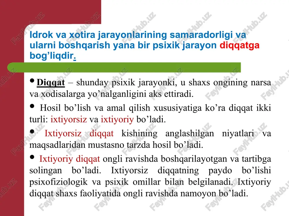 vlat. 5-hukm : tojikiston - mustaqil davlat. demak, barcha markaziy osiyo davlatlari - mustaqildir. shunga o’xshash biz ba’zan ayrim fikrlardan umumiy bir fikr keltirib chiqaramiz (bu - induktiv xulosa chiqarish), ba’zan esa aksincha, umumiydan juz’iy - alohida fikr chiqaramiz (fikrlashning bunday harakati deduktsiya deb ataladi). * bundan tashqari, psixologiya bizdagi fikrlash jarayonini ta’minlovchi alohida operatsiyalarni ham o’rganadi. ularning ba’zilariga to’xtalib o’tami: analiz -fikran narsa va hodisalarga taalluqli sifat va xususiyatlarni alohida qilib ajratish, tahlil qilish anglatadi. sintez -analiz jarayonida ajratilgan qismlarni yana fikran birlashtirish, qo’shishni bildiradi. mavhumlashtirish - alohida biror xususiyatni ajratib, boshqalaridan fikrni chalg‘itish, ayrim xossani mavhumlashtirish. taqqoslash -predmetlar va ularga xos bo‘lgan xususiyatlarni fikran bir - biriga solishtirish, umumiy va farq qiluvchi jihatlarini topish umumlashtirish - umumiy va muhim sifatlariga ko‘ra predmetlarni guruhlashtirish, umumiylashtirishni bildiradi «tafakkur, - deb yozgan edi i.p.pavlov, - albatta assosiatciyalardan , sintezdan boshlanadi, so’ngra sintezning ishi analiz bilan qo’shiladi. analiz, bir tomondan, retceptorlarimiz, periferik …