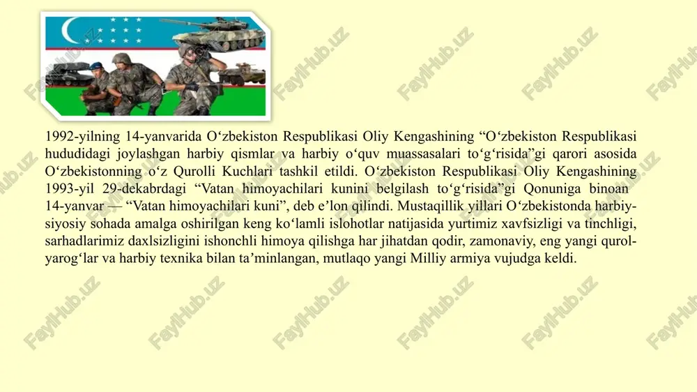 i oʻquvchilarga fuqaro mudofaasi hamda harbiy bilim asoslari boʻyicha dastlabki nazariy bilimlarni berish va amaliy koʻnikmalarni hosil qilish yoshlarda respublika qurolli kuchlari safida harbiy xizmat haqidagi tasavvurni va ijobiy munosabatni shakllantirish oʻquvchilarning vatan himoyasini taʼminlash borasidagi harbiy-texnik tayyorgarlikka ega boʻlishlari uchun zarur shart-sharoitlar yaratish harbiy xizmat davridagi qiyinchiliklarni bartaraf etishga yordam beruvchi oʻziga ishonch va oʻz imkoniyatlarini toʻgʻri baholay olish xususiyatlarini shakllantirish oʻquvchilarni favqulodda vaziyatlarda tegishli chora-tadbirlarni koʻra olish, shuningdek, qurolli xurujlardan himoyalanish koʻnikma va malakalarini shakllantirish chaqiriqqacha yoshlarni tayyorlash mashgʻulotlarini olib borish “burgutlar”, “yosh chegarachilar” va boshqa harbiy-sport oʻyinlarini tashkil qilib borish yosh avlodning oilada, maktabda, toʻgaraklarda harbiy soha, armiya xizmati ishi bilan tanishib borishi harbiy - vatanparvarlik yoʻnalishidagi tadbirlarni amalga oshirib borish harbiy-vatanpavarlik tarbiyasini amalga oshirish boʻyicha asosiy jarayonlar vatanga xiyonat – eng ogʻir gunoh. vatanni himoya qilish naqadar ulugʻ savob hisoblansa, unga xiyonat qilish, qurol bilan bostirib kirish shu qadar katta gunoh, eng oliy jazoga loyiq jinoyat …