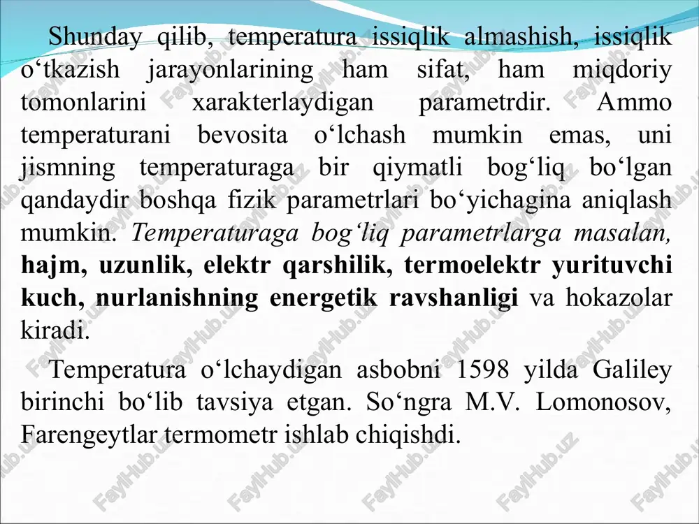 an (jez va mis) tayyorlangan naycha 2 qo'llanilgan. korpus 3 ga kavsharlangan naycha ichida sterjen 1 joylashgan. sterjen chiziqli ken­gayish koeffitsienti kichik bo'lgan material (masalan, invar) dan ishlangan. o'lchanayotgan muhitning temperaturasi ko'tarilishi bilan naycha 2 uzayadi. bu hol sterjen 1 ning siljishiga olib keladi. shunda pru­jina 9 shayn 4 ning bo'sh tomonini pastga tushiradi, o'z navbatida u tortqi 8 va tishli sektor 7 orqali strelka 6 ni uning o'qi atrofida aylantiradi. strelka esa shkala 5 da o'lchanayotgan temperatura qiymatini ko'rsatadi. * manometrik termometrlar. manometrik termometrlarning ishlash prinsipi yopiq hajmdagi gaz, suyuqlik va to‘yingan bug‘lar bosimining haroratga bog‘liq ravishda o‘zgarishiga asoslanadi. ushbu termometrlar portlash xavfi mavjud bo‘lgan ishlab chiqarishlarda keng qo‘llaniladi. konstruktiv jihatdan termometr nazorat qilinayotgan muhitga botiriladigan termoballon 1, bosimni o‘lchovchi manometr 3 va termoballon bilan manometrni bog‘lab turuvchi kapillyar 2 dan tashkil topadi kengayish termometrlari 3, 2 1 * gazli manometrik termometrlar -200 dan 600 °s gacha intervaldagi haroratlarni …