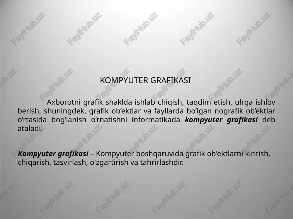 asvirlarni ham qo'shish imkoni bor. rastrli (nuqtali) grafika deb - bir xil o’lcham va yacheykalarga ega bo’lgan nuqtalar (piksellar) to’plami orqali tasvirlangan tekis geometrik shakllarga aytiladi. rastrli tasvirlar bilan ishlashga mo’ljallangan ko’pgina grafik muxarrirlar asosan tasvirlarga ishlov berishga mo’ljallangan. rastrli grafika muxarrirlariga misol kilib adobe photoshop va paint dasturlarni keltirish mumkin. ushbu dastrularda rasmlar mayda kvadrat - piksellardan iborat bulib mozaika holatida rasmni xosil qiladi. rastrli grafikadan raqamli fotosuratlar va skanerdan olingan rasmlar bilan ishlash uchun foydalaniladi. rastrli (nuqtali) grafika fraktal grafika – bu hisoblash grafikasidir. tasvir formula asosida quriladi. kompyuter xotirasida tasvir emas formula saqlanadi. uning yordamida cheksiz xar-xil tasvirlarni olish mumkin. fraktal grafika bilan ishlovchi dasturiy vositalarga misol qilib mathcad, mathlab, maplelarni keltirish mumkin. fraktal grafika - bu tasvirni chizish yoki jihozlash emas, balki uni matematik hisoblashlarga asoslangan dasturlar asosida qurishdir. fraktal grafika odatda o’yin dasturlarini yaratishda ko’proq qo’llaniladi. fraktal grafikada tasvirlar tenglamalar yordamida quriladi. bunda tenglama koeffitsientlarini …