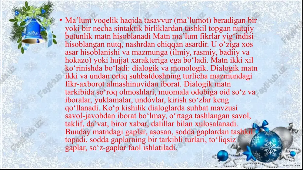 ari, ishonchnomalar, ta'sis shartnomalari va boshqalar kabi huquqiy va sud qo'llanmalariga tegishli. raqamli matnlar raqamli matnlarni alohida ta'kidlash kerak, chunki ular ishlab chiqarish usullari, ommaviy axborot vositalari va targ'ib qilinadigan o'qish usullari tufayli turli darajadagi murakkablikni o'z ichiga oladi. ya'ni, raqamli matnlar turli xil kodlardan foydalanadi, lekin bir xil til tuzilmalarini saqlaydi. shunday qilib, biz raqamli matnlar orqali internetda ishlatiladigan barcha turdagi matnlarni tushunamiz va ular adabiy va adabiy bo'lmagan maqsadlarga ega bo'lishi mumkin (odatiy matnlar kabi), lekin ular bundan ham ko'proq. raqamli matnlar to'g'ridan-to'g'ri ma'lumotni taqdim etish yoki shaxslararo aloqani osonlashtirish bilan cheklanib qolmasdan, qidiruv tizimlarida indeksatsiya, havolalar, dasturlash tillari va hk kabi funktsiyalarni bajaradi. matn komponentlari vazifasida abzats ham keladi. abzats, albatta, tom ma’noda matn sanaladi. biroq u katta matn tarkibida uning komponenti hisoblanadi, chunki matn tarkibidagi fikr tugalligi bir necha abzats sathida beriladi. abzats matn tarkibida, xususan, semantik jihatdan muhim mavqega egadir. buni matnda ifodalanayotgan umumiy xabarning …