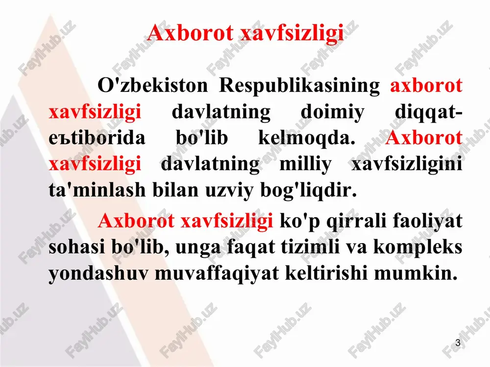 tashkiliy usullaridan biri hisoblanadi, maxfiy ma'lumotlarga ruxsat etilgan shaxslar sonini chegaralaydi. yashirish axborotlarni himoya qilishda juda keng qo'llaniluvchi usullardan biri hisoblanadi. ranjirlash maxfiy ma'lumotlarni maxfiylik darajasi bo'yicha taqsimlaydi va himoyalangan axborotga ruxsatni chegaralaydi. noto'g'ri ma'lumot berish – axborotni muhofaza qilish usullaridan biri bo'lib, biror ob'ekt haqidagi haqiqiy ma'lumot o'rniga atayin yolg'on ma'lumot tarqatishni anglatadi. * axborotni muhofaza qilish usullari axborotni bo'laklash usuli axborotni bo'laklarga bo'lib, uning biror qismi orqali to'liq ma'lumot olib bo'lmaslikni anglatadi. bu usul harbiy texnika va qurollanish vositalarini ishlab chiqarishda, shuningdek yangi mahsulotlarni ishlab chiqarishda keng qo'llaniladi. sug'urta qilish – axborotni muhofaza qilish usuli sifatida endigina tan olinmoqda. uning ma'nosi axborot egasi huquqlari va manfaatlarini yoki axborot vositalarini an'anaviy tahdidlar va axborot xavfsizligi tahdidlaridan himoya qilishni bildiradi. ushbu usul tijorat sirlarini saqlashda ko'proq qo'llanilishi ehtimoli mavjud. axborotni sug'urta qilishda u dastlab, auditorlik tekshiruvidan o'tishi va xulosaga ega bo'lishi talab etiladi. * axborotni muhofaza qilish usullari axborotlarni ma'naviy­ma'rifiy …