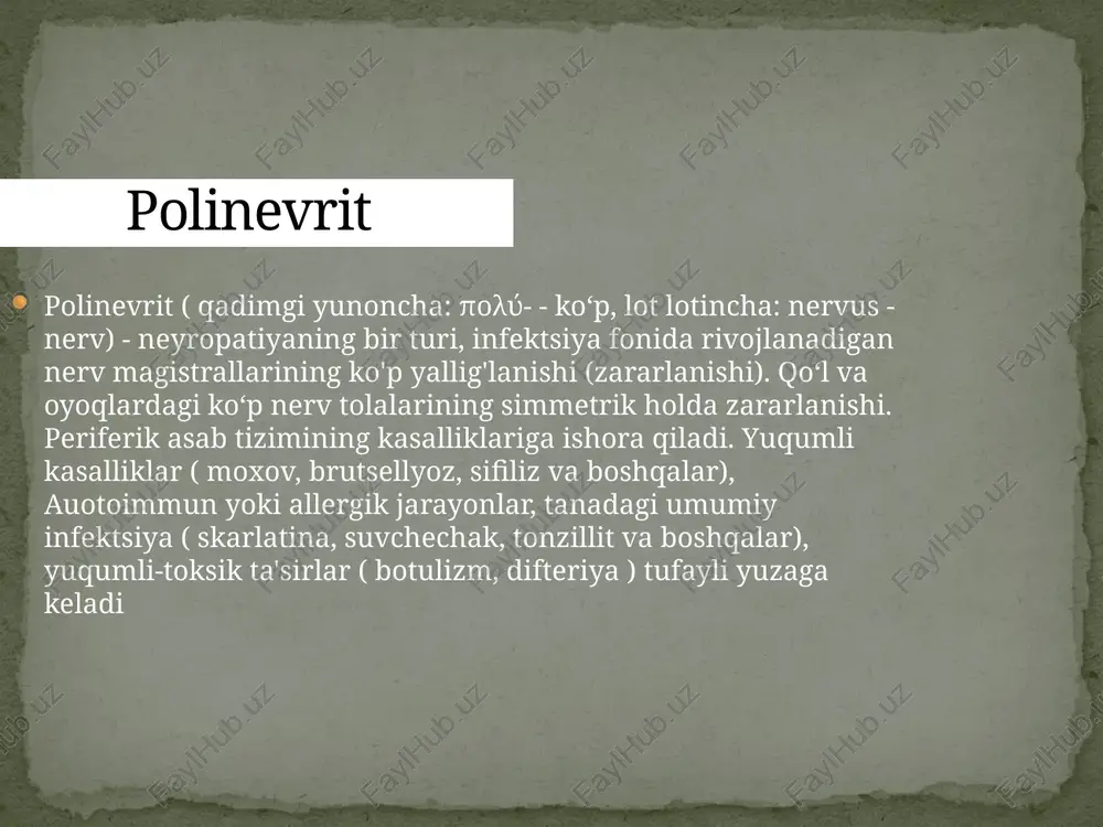 inevropatiyada oyoq panjasi osilib qolishi ko‘p kuzatiladi – oyoq panjasi yuqoriga tiklanmaydi, barmoqlar yozilmaydi. keyinchalik muskullarda atrofiya rivojlanadi va u oyoq panjasining suyaklararo muskullarida yaqqol ko‘zga tashlanadi. reflekslardan axill refleks erta, tizza refleksi juda kech so‘nadi. harakat buzilishlari qo‘l panjalariga kech o‘tadi. vegetativ-trofik buzilishlar. polinevropatiyada vegetativ-trofik buzilishlar kasallik etiologiyasiga bog‘liq bo‘lgan holda yuzaga keladi. masalan, diabetik va infeksion-toksik polinevropatiyalarda vegetativtrofik buzilishlar tez rivojlanadi va kuchli ifodalangan bo‘ladi. nasliy polinevropatiyalarda vegetativ buzilishlar kam uchraydi (vegetativ-sensor nevropatiyalar bundan istisno). vegetativ buzilishlar ham dastlab oyoq-qo‘llarning distal qismida vujudga keladi va gipergidroz, akrosianoz, sovqotish, teri elastikligi yo‘qolishi, giperpigmentatsiya, tirnoqlar mo‘rtlashuvi hamda sinishi bilan namoyon bo‘ladi. keyinchalik terida trofik yaralar rivojlanadi. ular ayniqsa, oyoqlarda ko‘p paydo bo‘ladi. yaralar yorilib, ularning o‘rnida nekrotik o‘choqlar shakllanadi, yaraga tushgan infeksiyalar tromboflebit rivojlanishiga turtki bo‘ladi. gangrena rivojlanishida ham vegetativtrofik buzilishlar o‘rni katta. giyen-barre sindromi giyen-barre sindromi – demielinizatsiya bilan kechuvchi o‘tkir poliradikulonevropatiya. asosan, o‘tkir virusli infeksiyalardan so‘ng rivojlanadi. 1916-yili …