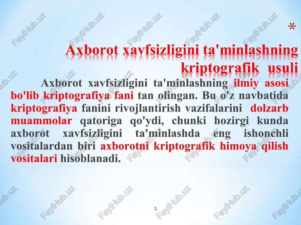 bu davrdan boshlab kriptografik tizimlar ikkita sinfga bo'lina boshladi: simmetrik (maxfiy kalitli, bir kalitli) va nosimmetrik (oshkora kalitli, ikki kalitli) kriptotizimlar. * kriptologiya (grekchada kryptos - “sirli” va logos -“xabar”) aloqa xavfsizligi haqidagi fan kriptografiya ma'lumotlarni shifrlash algoritmlari haqidagi fan kriptotahlil shifrlarni“buzish" haqidagi fan * mustaqillik yillarida kriptologiya yo'nalishini rivojlantirishga davlatimiz tomonidan katta ahamiyat berilmoqda. o'zrga kirib kelayotgan barcha xorijiy vositalarni axborot xavfsizligi talablariga muvofiqligini tekshirish, davlat ahamiyatiga ega bo'lgan joylarda esa, faqatgina respublikamizda ishlab chiqarilgan kriptografik vositalardan foydalanish va milliy tizimlar yaratish o'zr prezidentining 2007 yil 3 apreldagi «o'zrda axborotning kriptografik muhofazasini tashkil etish chora-tadbirlari to'g'risida» pq-614–son qarorining asosiy vazifalaridan biri hisoblanadi. * mustaqillik yillarida qabul qilingan o'zbekiston respublikasining qonun va farmonlari: 1. «telekommunikatsiyalar to'g'risida» (1999 yil 20 avgust); 2. «axborotlashtirish to'g'risidagi» (2003 yil 11 dekabr); 3. «elektron raqamli imzo to'g'risidagi» (2003 yil 11 dekabr); 4. «elektron hujjat aylanishi to'g'risidagi» (2004 yil 29 aprel); 5. «elektron tijorat to'g'risidagi» (2004 …