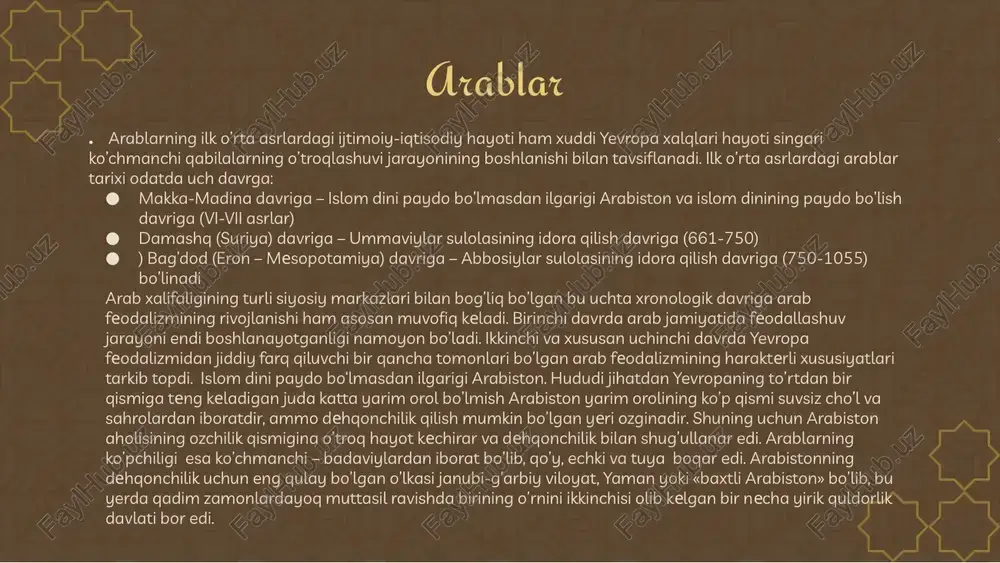 y ustunligini, ka'baning va undagi qora toshning muqaddasligini e'tirof etib, har bir musulmon makkaga haj qilishi shart, deb e'lon qilishga majbur bo’ldi. bu bilan muhammadning yangi diniy tashkiloti quraysh zodagonlarining siyosiy ta'sirini ham tan oldi. haqiqatda, arablarda turli arab qabilalarini bitta qilib birlashtirgan davlat dini tashkil topa boshladi. makka zodagonlari va badaviy qabilalarining boshliqlari bu yangi davlatda o’zlarining hukmronlik mavqeini kengroq, umum arabiston doirasida mustahkamlab olish imkoniga ega bo’ldi muhammad vafot etgandan keyin, oradan ko’p o’tmay, islom vayron ostiga birlashgan arab qabilalari arabiston yarim orolidan tashqariga chiqib, vizantiya, eron yerlarini istilo qila boshladi. dastlabki xalifalar zamonida arablarning istilolari. muhammadning eng yaqin vorislari – xalifalar – arab harbiy jamoasining saylab qo’yiladigan boshliqlari bo’lib, ular diniy, harbiy va fuqarolik hokimiyatini o’z qo’llariga olgan edilar. 632661 yillar davrida birin-ketin abu bakr, umar, usmon va ali xalifalar sifatida idora qildi. bular ichida ikkinchi xalifaning – umarning (634-644) idora davri juda katta ahamiyatga ega bo’ldi. …