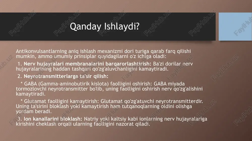 tikonvulsantlarning ta'siriga xalaqit berishi va tutqanoqlarni qo'zg'atishi mumkin. alkogol iste'mol qilishdan oldin shifokor bilan maslahatlashing. turmush tarzi: muntazam uyqu, stressni boshqarish va tutqanoqlarni qo'zg'atishi mumkin bo'lgan boshqa omillardan qochish dori-darmonlar bilan birgalikda epilepsiyani nazorat qilishga yordam beradi. mavzu: psixosimulyatorlarning farmakologik xususiyatlari. psixostimulyatorlar - bu markaziy asab tizimiga (mat) rag'batlantiruvchi ta'sir ko'rsatadigan, aqliy va jismoniy faollikni oshiradigan dori vositalari guruhidir. ularning farmakologik xususiyatlari juda keng qamrovli bo'lib, quyidagilarni o'z ichiga oladi. 1. ta'sir mexanizmi: katexolaminlar (dofamin va noradrenalin) darajasini oshirish: ko'pchilik psixostimulyatorlarning asosiy ta'sir mexanizmi sinaptik bo'shliqda dofamin va noradrenalin kabi neyrotransmitterlar miqdorini oshirishdan iborat. bu ikki yo'l bilan amalga oshirilishi mumkin: * neyronlardan ajralib chiqishini kuchaytirish: masalan, amfetaminlar (adderall, deksedrin) neyronlardan dofamin va noradrenalinning ko'proq ajralib chiqishiga olib keladi. * qayta qamrab olinishini bloklash (ingibirlash): masalan, metilfenidat (ritalin, konserta) va kokain bu neyrotransmitterlarning neyronlarga qayta so'rilishini bloklaydi, natijada ular sinaptik bo'shliqda uzoqroq vaqt qolib, ta'sirini kuchaytiradi. serotonin darajasiga ta'siri: ba'zi …