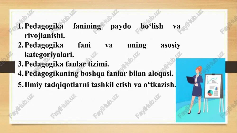 maqsad hamda ijtimoiy-tarixiy tajriba asosida yosh avlodni hartomonlama o‘stirish, uning ongi, xulq-atvori va dunyoqarashini tarkib toptirish jarayoni. shaxs bilim – shaxsning ongida tushunchalar, umumlashmalar, ma’lum obrazlar ko‘rinishida aks etuvchi borliq haqidagi tizimlashtirilgan ilmiy ma’lumotlar majmui. ko‘nikma – shaxsning muayyan faoliyatni tashkil eta olish layoqati. malaka – muayyan harakat yoki faoliyatni bajarishning avtomatlashtirilgan shakli. kompetensiya – egallangan bilim, ko‘nikma va malakalarni kundalik va kasbiy faoliyatda qo‘llay olish qobiliyati. ta’lim-tarbiya natijasida o‘zlashtirilgan va tizimlashtirilgan bilim, hosil qilingan ko‘nikma va malakalar hamda tarkib topgan dunyoqarash majmui. ma’lumot shaxsda barqaror xususiyat va sifatlarni belgilangan talab va me’yorlar asosida tarkib toptirish jarayoni. shakllantirish shaxsning fiziologik va intellektual o‘sishida namoyon bo‘ladigan miqdor va sifat o‘zgarishlar mohiyatini ifoda etuvchi murakkab jarayon .rivojlanish pedagogika fanlar tizimi. 1.pedagogika nazariyasi. 2.pedagogika tarixi. 3.maktabga cha ta’lim pedagogikasi. 4.boshlan g‘ich ta’lim pedagogikasi. 6. xususiy metodika (xususiy fanlarni o‘qitish). 5.korreksion (maxsus) pedagogika 7.pedagogik mahorat. 8.pedagogik texnologiya. 9. ijtimoiy pedagogika. 10. kasbiy pedagogika. 11. …