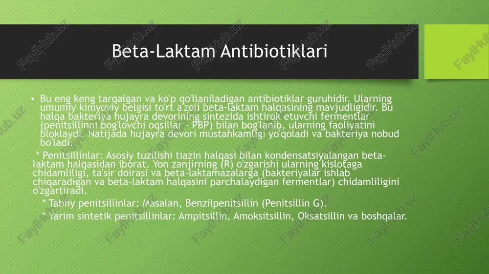 ksatsin, ofloksatsin, pefloksatsin. * ii avlod ftorkinolonlar (nafas yo'llari ftorkinolonlari): levofloksatsin, moksifloksatsin, gemifloksatsin. sulfanilamidlar para-aminobenzolsulfanilamid (sulfanilamid) hosilalari. ular bakteriostatik ta'sir ko'rsatadi. tuzilishi bo'yicha para-aminobenzoy kislotasiga (pabk) o'xshaydi. bakteriyalar hayoti uchun zarur bo'lgan folat kislotasi sintezida pabk bilan raqobatlashadi va dihidropteroatsintetaza fermentini ingibirlaydi. * masalan: sulfametoksazol (ko'pincha trimetoprim bilan birga qo'llaniladi - ko-trimoksazol), sulfadiazin, sulfasalazin. glikopeptidlar murakkab peptid tuzilishiga ega antibiotiklar. ular bakteritsid ta'sir ko'rsatib, hujayra devori peptidoglikanining d-alanil-d-alanin uchastkasi bilan bog'lanadi va transglikozilaza hamda transpeptidaza fermentlarining faoliyatini bloklab, hujayra devori sintezini buzadi. * masalan: vankomitsin, teykoplanin. linkozamidlar tarkibida oltingugurt saqlovchi aminokislota va aminoshakar hosilasi mavjud. makrolidlarga o'xshash ta'sir mexanizmiga ega bo'lib, bakterial ribosomaning 50s subbirligi bilan bog'lanib, oqsil sintezini buzadi. * masalan: linkomitsin, klindamitsin. oksazolidinonlar sintetik antibakterial vositalar sinfi. noyob ta'sir mexanizmiga ega: bakterial ribosomaning 50s subbirligi bilan bog'lanib, 70s initsiatsiya kompleksining shakllanishiga to'sqinlik qiladi, bu esa oqsil sintezining eng dastlabki bosqichini bloklaydi. boshqa oqsil sintezi ingibitorlariga chidamli shtammlarga qarshi …