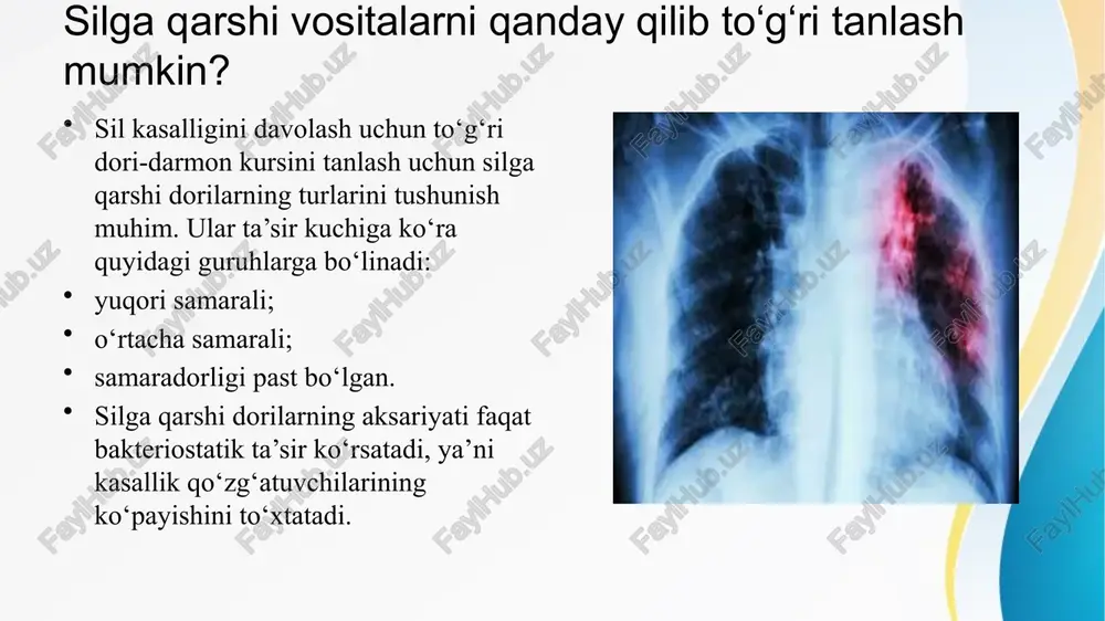 radi, hech bo'lmaganda antibakterial ta'sir etishmaydi. izoniazid, rifampitsin, etambutol, pirazinamid to'rtta dorilar bilan birgalikda o'simlikning tez o'sishi va ko'payishini o'ldiradigan, sil kasalligini tiklashda muhim ahamiyatga ega. rifampik dorilar tufayli kelib chiqqan oshqozon-ichak traktining tirnash xususiyati bilan og'riydigan bemorlarga ularni kechasi yotish holatiga o'tkazish mumkin. bu ertalab ro'za tutishning qonda o'rtacha konsentratsiyasidan farq qilmaydi va minimal inhibitiv kontsentratsiyadan yuqori. birinchidan, erta davolanish: iloji boricha tezroq bakteriyalar o'sadi va faol ravishda ko'payadi, metabolizm faol, preparatga sezgir bo'ladi; lezyonga qon ta'minoti boy va dori oson kirib borishi mumkin; shu bilan birga, bemorning tana qarshiligi ham kuchli va erta davolanishni boshqarish oson, bu davolanishga yordam beradi. silga qarshi dorilar tamoyillari ikkinchidan, dorilarning kombinatsiyasi: turli xil sharoitlarda va silga qarshi dorilarning xususiyatlarini samaradorligini oshirish uchun ikki yoki undan ortiq dorilarning kombinatsiyasini nazarda tutadi va jiddiy salbiy reaktsiyalardan qochib, dori-darmonga qarshilikning paydo bo'lishini kechiktirishi mumkin. umuman olganda, 2-4 turdagi dorilar asosan antibakterial ta'sirni kuchaytirish, bakterial qarshilikni …