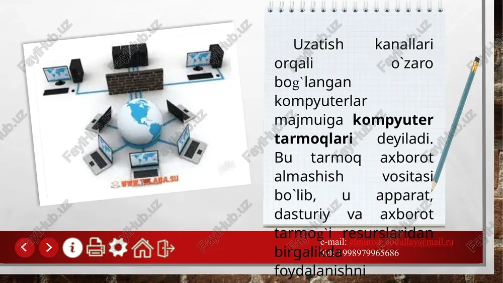 il.ru tel: +998979965686 internetdagi mavzuli domenlar domen mavzu belgisi com - - - - - - - - - - - - - - - - - - - - tijorat korxonalari edu - - - - - - - - - - -- -o`quv muassasasi(masalan universitet) mil - - - - - - - - - - - - - -- - - - - harbiy muassasalar net - - - - - - - - - - - - - - - - - - - - tarmoq tashkilotlar orq - - - - - - - -- - - - - - - - - - - - - boshqa tashkilotlar e-mail: elmurod_abdullay@mail.ru tel: +998979965686 internetdagi geografik domenlar domen mamlakatlar au ______________________________________avstraliya ca ______________________________________kanada de ______________________________________germaniya fr_______________________________________fransiya ir_______________________________________yaponiya it_______________________________________italiya ru_______________________________________rossiya us______________________________________ aqsh uz______________________________________ o`zbekiston e-mail: elmurod_abdullay@mail.ru tel: +998979965686 etiboringiz uchun rahmat!!! image3.jpg image4.png image5.png image6.png image7.jpg image8.jpg …