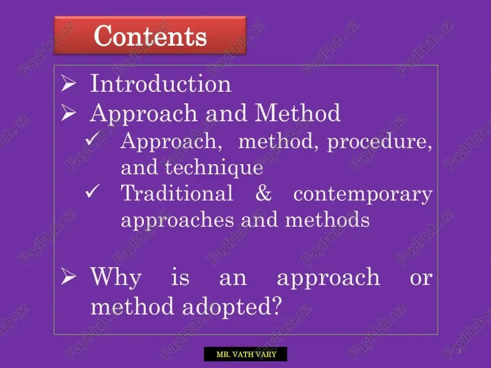 rials ~ primary function of materials the form materials take (e.g., textbook, audiovisual) — relation of materials to other input — assumptions made about teachers and learners procedure a. classroom techniques, practices, and behaviors observed when the method is used — resources in terms of time, space, and equip- ment used by the teacher — interactional patterns observed in lessons — tactics and strategies used by teachers and learners when the method is being used approaches and methods figure |. summary of elements and subelements that constitute a method (adapted from j. c. richards & t. s. rodgers, 2001). mr. vath vary oceaure (techniques/acti vities): deductive © inductive; bilingual @ monolingual transmissive @dialogic instructive © constructivist the nature of language: form © function cognitive affective: the type of syllabus: system © skills; segregated @ integrated the nature of learning: analytic @ experiential accuracy @ fluency +g common terms in the …