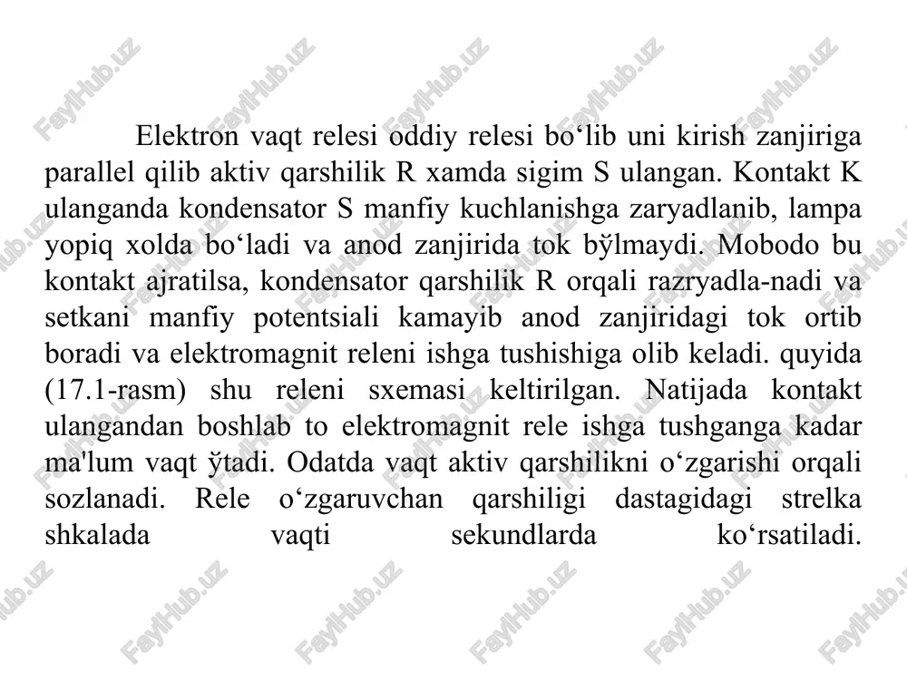 rinib turibdiki, xavo oralig‘i 5 qiymati oshib borishi bilan, elektromagnit tortish kuchi o‘zining minimal (f3min) qiymatigacha kamayadi. relening mexanik tavsifi deb, mexanik kuch (yakor xarakatlanganda unga prujina tomonidan ko‘rsatiladigan qarshilik kuchi) rm bilan xavo oralig‘i s o‘rtasidagi bog‘lanishga, ya`ni fm=f(6) ga aytiladi. nazorat savollari : 1. qutblangan releni tuzilishi qanday? 2. vaqt relesini tuzilishi va ishlatilishini tushuntiring. 3. issiqlik relesini tuzilishi va ishlatilishini tushuntiring. e’tiboringiz uchun raxmat !!! image1.png image2.png image3.png image4.png 17.1-rasm. elektron vaqt relesi sxemasi. masalan kondensator sigimi 6 mkf va garshilik 2 om bo‘lgandars konturini vaqt doimiysi rc -2 1056 10-s-12 c, ishga tushish vagfi esa t-4t-48c bo‘ladi. 17.2-rasmda yarimo ‘tkazgichli tranzistor asosida yig‘ilgan sodda elektron vaqt relesi keltirilgan. - 24b + pp vt c rh yk ri vk2 lf _ ' 17.3-rasm. tranzistorli elektron vaqt relesi sxemasi. ww) ms 2 oo bu erda: lw - xavo oralig‘idagi magnitlovchi kuch; 8 -xavo oralig‘ining ho - xavaoning magnit …