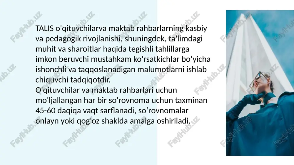 usullari, intizomiy qoidalar, sinflardagi oquvchilar soni va o‘qituvchilarning ish sharoitlarini baholashni oz ichiga oladi. 4. maktab rahbariyati va boshqaruvi: talis tadqiqoti maktab rahbariyatining ta'lim jarayonidagi roli, ularning boshqaruv usullari va o‘qituvchilar bilan hamkorligi haqida ma'lumot beradi. bu rahbarlarning ta'lim tizimiga ta'siri va maktabdagi muhitni yaratishdagi rolini organadi. 5. o‘qituvchilar va oquvchilar ortasidagi munosabatlar: tadqiqot o‘qituvchi-o‘quvchi munosabatlarini, o'qituvchilarning oquvchilarga qanchalik yordam berishi, ularning muvaffaqiyatlarini kuzatishi va ragbatlantirishi masalalarini ham qamrab oladi talisning ahamiyati shundaki, u ta'lim tizimining turli jihatlarini qiyosiy tahlil qilish va global tajriba bilan taqqoslash imkonini beradi. bu tadqiqot natijalari o'qituvchilarning professional rivojlanishini yaxshilash, ta'lim siyosatini takomillashtirish va umuman ta'lim sifatini oshirishga qaratilgan choralarni ishlab chiqishga xizmat qiladi. e'tiboringiz uchun rahmat image1.jpeg image2.jpeg image3.jpeg image4.jpeg