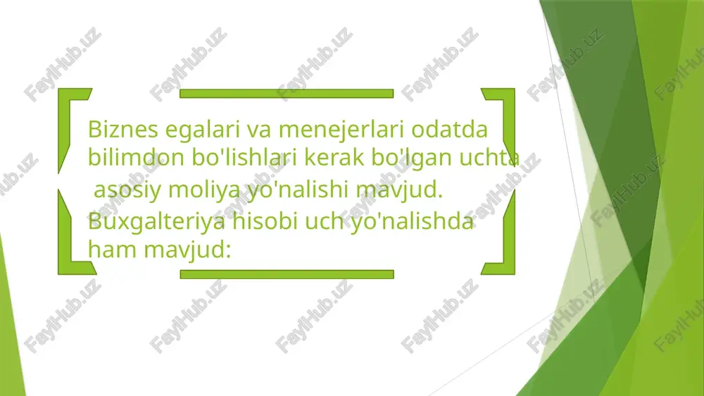 ichki soliq hisobchilariga ega bo'lishi yoki soliq hisobini yuritishi mumkin. audit maydoni, odatda ichki va tashqi, hamda byudjetni tahlil qilish ichki funktsiyadir. bundan tashqari, buxgalteriya va moliyaviy axborotdan firibgarlik va talonchilik bilan bog'liq da'volarni qo'llab-quvvatlash uchun foydalanadigan biznes muhiti va sud-huquq buxgalteriya hisobi mavjud. image1.jpeg image2.jpg image3.jpg image4.png image5.jpg image6.jpeg image7.png image8.jpg /docprops/thumbnail.jpeg lbugalteriya xisobining biznes bilan o’zaro alogasi