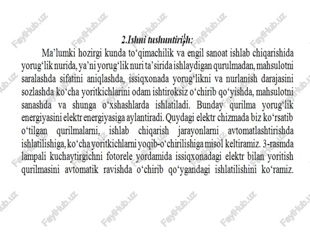 ikkinchi elektrod esa anod vazifasini o‘taydi. yorug‘lik nurlari katod sirtiga urilib, elektronlar emissiyasini ketirib chiqaradi. elektrodlarga ulangan tashqi quvvat manbai ta'sirida katoddan uchib chiqqan elektronlar tartibli harakat bilan anod tomon siljiydilar ya shu tariqa anod — katod zanjirida yorug ‘lik oqimi kattaligiga bog‘liq bo‘lgan elektr tokini paydo qiladi. rasm 6. 2.fotodatchiklaming shartli belgilanishi. a — tashqi fotoeffektli; b- jotorezistor; v - fotodiod;_ g - fototranzistor. ichki fotoeffekt yorug‘lik oqimi ta'sirida moddada elektronlaming qayta taqsimlanishi oqibatida yuzaga keladiichki fotoeffektga asoslangan fotoelementlar fotogarshiliklar (fotorezistorlar) deb yuritiladi. fotorezistorlar yorug‘lik oqimi f ta'sirida o‘zining re qarshiligini o‘zgartirib, r, qarshilikdan o‘taetgan i; tokning o‘zgarishini hosil qiladigan yarim o‘tkazgich hisoblanadi. fotodatchiklarning xossalari bir gator parametr va xarakteristikalar bilan aniqlanadi. bulardan eng asosiylari volt-amper va yorug‘lik xarakteristikalaridir. yorug‘lik xarakteristikasi deb, fotodatchikning chiqish kattaligi bo‘lgan fototokning tasir etayotgan yorug‘lik oqimiga bog'‘ligligiga aytiladi. mazkur laboratoriya ishida fsk-1 (olingugurt-kadmiylik) tipidagi fotorezistorning ishlashi ko‘rib chiqiladi. 6.3 rasm. fotorezistor konstruktiv jihatdan fotoqarshilik …