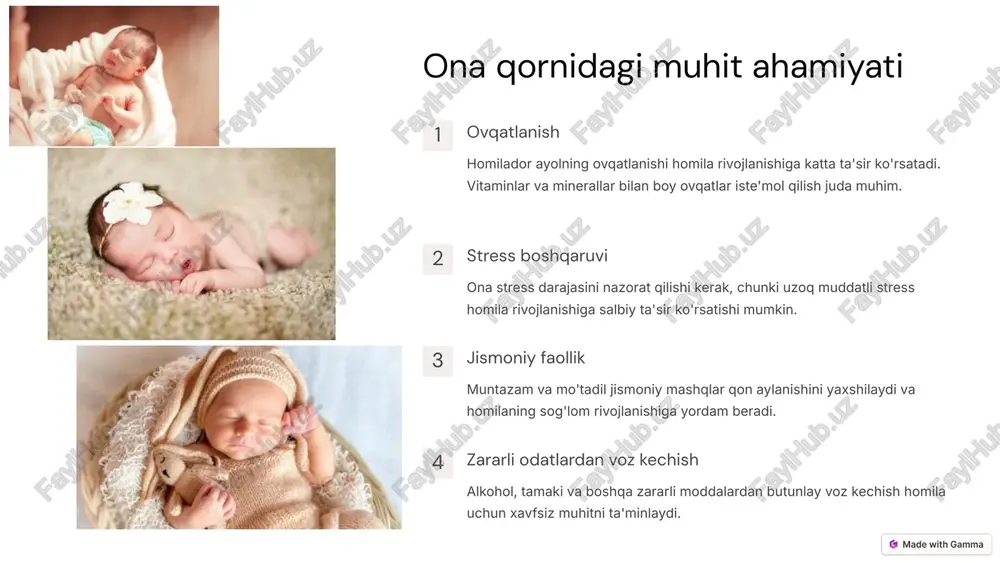 r bo'ladi. yangi aloqalar shakllanadi va kunduzi o'rganilgan ma'lumotlar mustahkamlanadi. jismoniy o'sish uyqu paytida o'sish gormoni ishlab chiqariladi, bu esa chaqaloqning jismoniy rivojlanishiga yordam beradi. immunitet kuchayishi yetarli uyqu chaqaloqning immunitet tizimini kuchaytiradi, bu esa turli kasalliklarga qarshi kurashish qobiliyatini oshiradi. hissiy muvozanat yaxshi uyqu chaqaloqning kayfiyatini yaxshilaydi va kunduzi faol bo'lishiga yordam beradi. 8 chaqaloq bilan muloqotning ahamiyati ko'z aloqasi ko'z aloqasi chaqaloq va ota-ona o'rtasidagi muloqotning eng muhim shakllaridan biri. bu ijtimoiy va hissiy rivojlanishga yordam beradi. og'zaki muloqot chaqaloq bilan gaplashish uning til qobiliyatlarini rivojlantiradi. sodda so'zlar va iboralarni takrorlash muhim. jismoniy aloqa teri-teriga tegish, quchoqlash va erkalash chaqaloqning hissiy xavfsizligini ta'minlaydi va stress darajasini pasaytiradi. 9 xulosa: har bir bosqich muhim 1 uzluksiz rivojlanish bola rivojlanishi - bu uzluksiz jarayon bo'lib, har bir bosqich keyingi bosqich uchun poydevor bo'lib xizmat qiladi. 2 individual yondashuv har bir bola o'ziga xos tarzda rivojlanadi. ota-onalar bu individualllikni hurmat qilishlari …