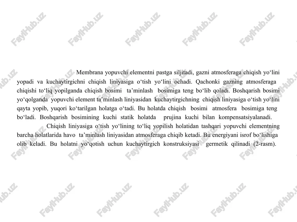 silind bo‘shlig‘iga mos keluvchi yuzalari; n va nishq htok 3 ga berilgan tashqi yuklanish va mexanizmdagi ishqalanish kuchlari. porshenga rezinali va terili manjet qo‘llanilganda ikki tomonlama harakatlanuvchi ijro mexanizmlari uchun, nt = nm + nc = p (dhpmt + d0l0k0) (14.2) bu erda, d – silindirningdiametri; h – manjetaning balandligi; p – ishchi bo‘shliqdagi bosim; μishq –ishqalanish koeffisienti (u simon shevronli va chashkali manjetlar uchun; rezinadan bo‘lsa μishq = 0,01 va teridan bo‘lsa μishq = 0,075); dsh – shtokning diametri; ls – salnikli tiqmaning uzunligi; kishq – tiqmaning birlik yuzaga to‘g‘ri keluvchi ishqalinish koeffisienti kishq=( 1 ÷ 1,5)105 pa. bir tomonga harakatlanuvchi ijro mexanizmlari ikki tomonga harakatlanuvchilardan prujinalar 4 ning borligi bilan farq qiladi (14.1-rasm,b). bu mexanizmlarda p1f1 ³ n + nt + nn (14.3) bo‘lganda porshen o‘ng tomonga harakatlana boshlaydi, bu erda, n20. prujinaning siqilish kuchlanishi. membranali ijro mexanizmlari (14.1,-rasm, v) shtokning ishchi ko‘chishi kata bo‘lmaganda qo‘llaniladi. gidravlik va …
