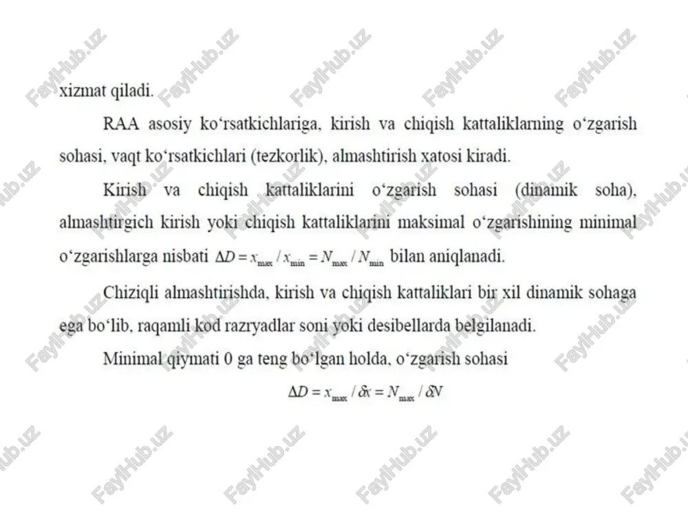 ing ta’siridan iborat. barcha asboblar bilan bog‘liq bo‘lgan shovqinlar quyidagi ko‘rinishda namoyon bo‘ladi: a) raa uzatish tavsifnomasining oraliq to‘g‘ri chiziqqa nisbatan parallel siljishi bilan bog‘liq bo‘lgan nolning siljishi (ok kirish toki nol bo‘lmagandagi nol kuchlanishining siljishi va kalitlar qoldiq ko‘rsatkichlari yuzaga keltiradi). b) real uzatish koeffisienti bikrligining oraliq to‘g‘ti chiziqqa nisbatan og‘ishini xarakterlovchi uzatish koeffisientining o‘zgarishi, v) almashtirgich uzatish tavsifnomasining ideal to‘g‘ri chiziqdan og‘ishi (almashtirishning bunday nochiziqligi kirish kodining funksiyasi chiqish signali orttirmasi bilan bir xil bo‘imasligida namoyon bo‘ladi). almashtirgichlar asosan integral mikrosxema (ims) shaklida ishlab chiqariladi. bunda raa ma’lumotlarga ishlov beruvchi turli mikroprosessorli tizimlarda qo‘llanilishi nazarda tutiladi. hozirgi vaqtda uch xil texnalogiya bilan: modulli, gibridli va yarim o‘tkazgichli raa ishlab chiqarilmoqda. integral mikrosxemalar (raa ims) ishlab chigarish hajmi ortib bormoqda. raqam analogli almashtirishning ikki turi keng targalgan: a) ustuvor ikkilangan vazn qarshiliklardan iborat rezistiv matrisali, b) r -2r matrisa deb ataluvchi ikki nominalli qarshiliklardan tashkil topgan matrisali. ustuvor ikkilangan …