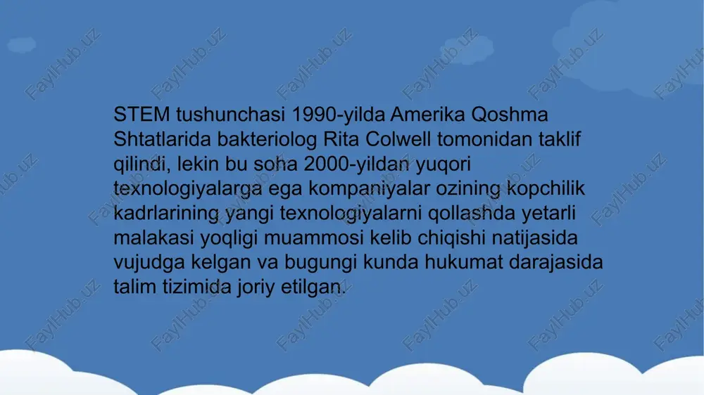 i dars mashgulotlari va maktabdan tashqari talim jarayonida oquvchilarning oquv tadqiqotlarini otkazish, tajribalarni bajarib korish, loyihalashtirishga yonaltirilgan ijodkorligini tarbiyalash, yangiliklar yaratishga bolgan qiziqishlarini rivojlantirishga qaratilgan. tabiiy va aniq fanlaridan talim berishda avval ham konstruksiyalashtirish, dasturlash masalalarida oquvchilar bilan maktabda va maktabdan tashqari talimda samolyotsozlik, yosh texnik yonalishlaridagi ishlar tashkil qilingan. mehnat talimi darslarida turli kasblar bilan tanishtirilib, ayrim yonalishlar boyicha zarur konikmalar shakllantirilgan bolsa, hozirda insonlar mehnatini yengillashtirishga qaratilgan turli texnika asboblari va uskunalarning takomillashib borayotganligi misol qilish mumkin. 9 steam talimining afzalliklari. 1. talim berishni oquv fanlari boyicha emas, balki mavzular boyicha integratsiyalab olib borish. stem talimida fanlararo aloqa va loyihalash metodi birlashtirilgan bolib, uning asosida tabiiy fanlarni texnologiyaga, muhandislik ijodiyotga va matematikaga integratsiya qilish yotadi. bunda muhandislik bilan bogliq kasblarga bolgan tayyorgarlik amalga oshiriladi. 2. ilmiy-texnik bilimlarni real hayotda qollash. stem talimida amaliy mashgulotlar yordamida bolalarga ilmiytexnik bilimlaridan real hayotda foydalanish namoyish qilinadi. har bir darsda oquvchilar zamonaviy …