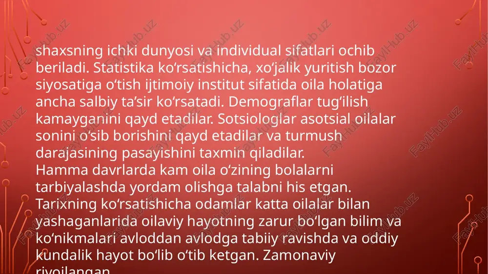 n, chunki o’zbek oilasida zaruriy tarbiyaviy omil va ko’nikmalar avloddan-avlodga o’tib keladi. oila a’zolari sonining qisqarishi, avlodlarning uzoqlashuvi muammosining kuchayishi munosabati bilan oilaviy munosabatlarni shakllantirish masalasi borgan sari muhim ahamiyatga ega bo’lib bormoqda. oila bugungi kunda yuksak malakali psixolog, ijtimoiy pedagog, ijtimoiy ishchilar yordamiga nihoyatda muhtoj bo’lib qolgan. oila ikki yo’nalishda mavjud bo’ladi: kichik ijtimoiy guruh sifatida va ijtimoiy institut sifatida. birinchi holatda u qarindoshlik asosida tuzilgan va birga yashash bilan birlashtirilgan hamjamiyatdir. ikkinchisida esa insonlarning kundalik hayoti kechadigan ijtimoiy institutdir. inson jamiyatida oila bir nechta vazifalarni bajaradi: reproduktiv -homilani davom ettirish bilan bog’liq o’zbekistonda ko’p bolali oilalarning mavjudligi bilan bir qatorda oila a’zolari sonining qisqarishi ham kuzatilmoqda. bu hodisalar asosan moddiy-iqtisodiy qiyinchiliklar, ma’naviy inqiroz, yosh oilalarning ota-ona uyidan ajralib chiqishi, tibbiy xizmatning past darajasi, noqulay ekologik holat bilan izohlanadi. iqtisodiy -oilaning bir a’zosi tomonidan boshqalar uchun moddiy mablag’lar topilishi, voyaga yetmaganlar va qariyalarni moddiy ta’minlash, pul mablag’larini to’plash. zamonaviy …