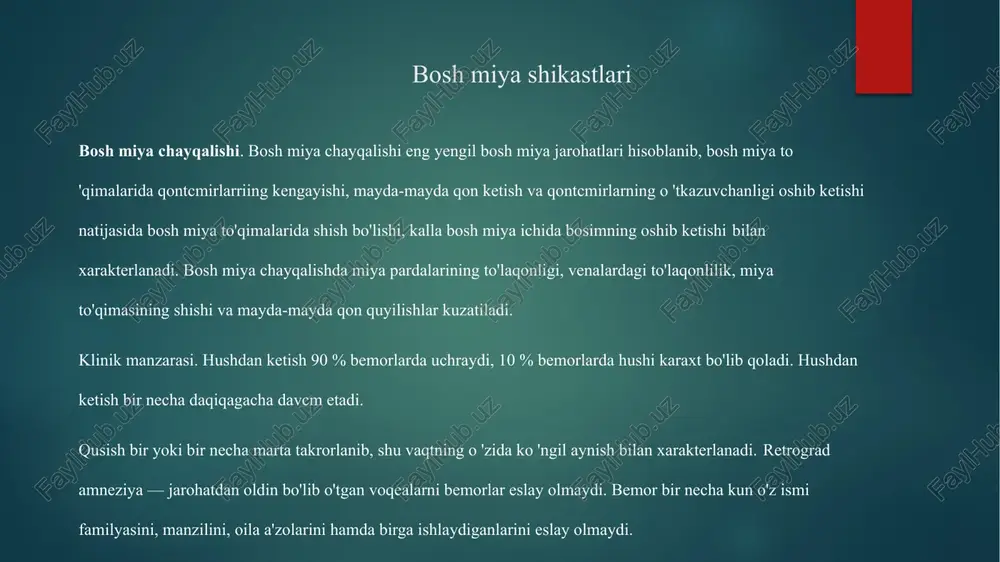 ar 2 guruhga bo 'linadi. 1. tlrumiy miya belgilari — bosh og'riq, ko 'ngil aynish, qusish, bosh aylanish, bular miya ichidagi bosimning oshib ketishi natijasida sodlr bo'ladi. 2. hbhalliy miya belgilari. bular yengil anizokoriya, nistagm, parezlar, nutq buzilishlari va qaltirashlar bilan kechadi. yengil shaklida umumiy miya belgilari ko 'p rivoj lanmagan, mahalliy miya belgilari esa miya chaycplishidagidan ko 'ra ko 'proq saqlangan bo 'ladi. yuzda asimmetriya, nistagm yoki nistagmoid, gapirishning buzilishi, mushaklar tonusining oshishi, meningial belgilar phydo bo'ladi, kasallik 2—3 hattagacha davom etadi. hushdan ketish bir necha daqiqadan bir necha soatgacha davom etadi. o'rta og'ir shaklida hushdan ketish bir necha daqiqadan 4—6 soatgacha davcm etadi. bunda bosh og'riq juda kuchli bo'lib, qusish ko'p marta takrorlanib turadi. ruhiyatning buzilishi bir necha kungacha davon etadi, retrograd ameneziya kuzatiladi. umumiy miya belgilari rivojlangan bo'ladi (bosh og'riq, qusish), mahalliy miya belgilari esa miya ustunining zararlanishidan kelib chiqadigan belgilardir. bularga ko'z qorachig'i bosh miya shikastlari …
