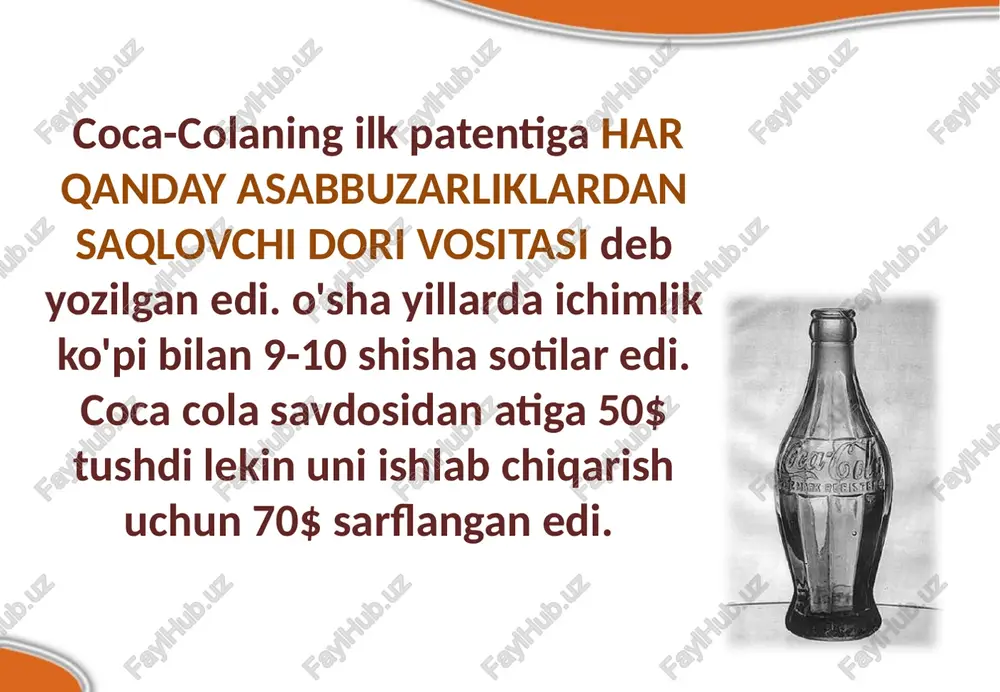 frikadagi bo'linmaga boshchilik qiladi.osiyo-tinch okeani guruhi prezidenti etib janubiy lotin amerikasidagi operatsiyalar uchun mas'ul jon myorfi tayinlandi. “ushbu o'zgarishlar ichimliklar biznesi ahamiyatining oshib borayotganligi, shuningdek, kompaniyada qanchalik ko'p katta tajribaga ega top-menejerlar ishlayotganligini ko'rsatadi”, — deya ma'lum qilgan coca-cola direktorlar kengashi raisi muxtor kent. agar siz shu paytgacha ishlab chiqarilgan «coca-cola» idishlarni bir-biriga ulab zanjir xosil qilsangiz, bu zanjir bilan yerdan turib oyga 1000 marotaba borib kelish mumkin; «coca-cola» termini butun dunyo bo'yicha ikkinchi o'rinda turadi. birinchi o'rinda «ok» so'zi turadi; interbrand agentligi versiyasi bo'yicha dunyoning eng qimmat brendlari reytingi bilan tanishing: 1. apple — 98 milliard 316 million dollar 2. google — 93 milliard 291 million dollar 3. coca-cola — 79 milliard 213 million dollar 4. ibm (international business machines) — 78 milliard 808 million dollar 5. microsoft — 59 milliard 546 million dollar 6. general electric — 46 milliard 947 million dollar 7. mcdonald's — 41 milliard 992 …