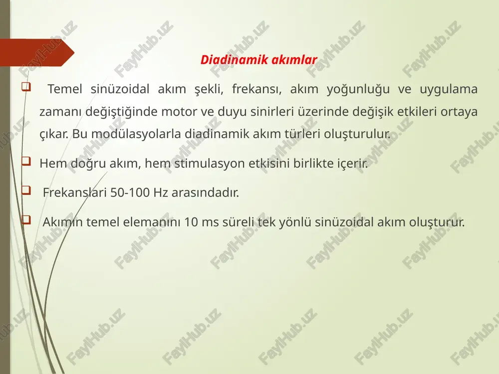 seansı süresi 10-12 dk’yi geçmez. 2 tedavi seansı süresi 24 saati aşmamalıdır. 24 saat içinde 2-3 tedavi yapılabilir. akım şiddetine göre hasta yavaşça artan iğnelenme / titreşim hisseder. yanma ağrısı/ tetanik kontraksiyon yoktur. 16 uygulama şeki̇lleri̇: sinirler üzerine uygulama paravertebral uygulama nokta şeklinde uygulama ganglionlara uygulama damarlar üzerine uygulama transrejyonel uygulama myonerjik uygulama elektrot ti̇pleri̇ plak elektrot, esnek metal plaka kalem elektrot , ayarlanabilir elektrot (çift halinde) kap elektrot - yoke ara madde: su ile ıslatılmış sünger / jel elektrot yerleşi̇mi̇ ağrılı bölge üzerine ağrılı bölgenin her iki yanına hedef kas ya da kas grubu üzerine bir elektrot ağrılı alana diğeri başka bir yere uygulama hasta hazırlanır temiz cilde elektrotlar uygun şekilde yerleştirilir. her zaman düz akım ile tedaviye başlanır (0,1-3 ma arası, 5-7 dk). düz akımın ardından difaz fikse (df) uygula (1-30 ma). düz akım ve df sonrası mf, cp, lp ya da rs uygulamalarından birini içeren kombinasyon uygulanır …