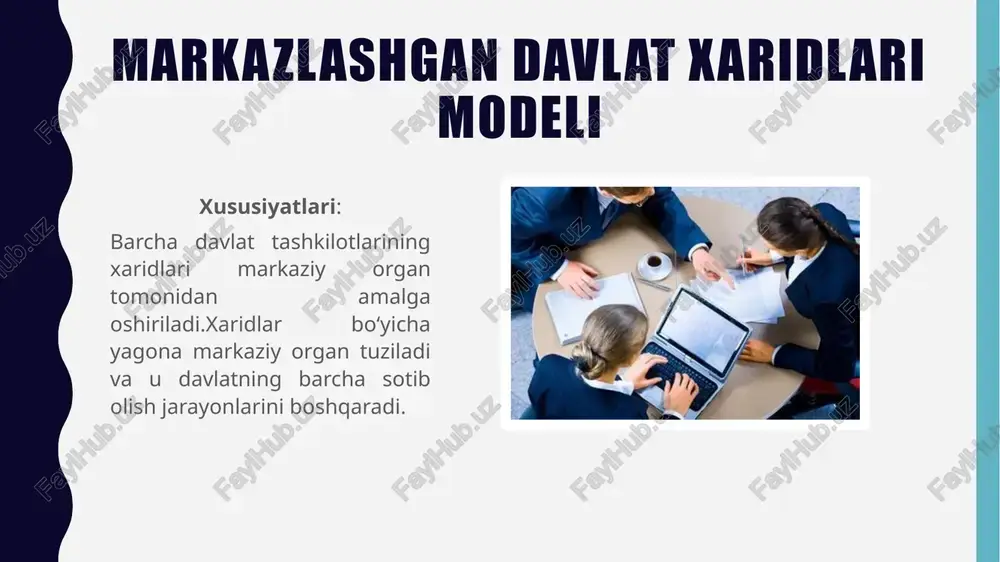 entralizatsiyalashgan model tashkilotlarga ko‘proq mustaqillik beradi va jarayonlarni tezlashtiradi. gibrid model esa ikkala modelning afzalliklarini birlashtirib, davlat xaridlarini yanada samarali qilishga yordam beradi. davlat xaridlarini to‘g‘ri model asosida tashkil etish davlat mablag‘laridan oqilona foydalanish, iqtisodiy rivojlanish va davlat sektorida raqobat muhitini yaratishga yordam beradi. shu sababli, davlat xaridlari tizimini har bir davlat o‘zining iqtisodiy, ijtimoiy va texnologik salohiyatiga qarab tanlashi va moslashtirishi kerak foydalanilgan adabiyotlar "o‘zbekiston respublikasining davlat xaridlari to‘g‘risida"gi qonuni – ushbu hujjat o‘zbekiston respublikasi qonun hujjatlari to‘plamida keltirilgan bo‘lib, davlat xaridlari jarayonlarini tartibga soluvchi asosiy normativ huquqiy hujjatdir. o‘zbekiston respublikasi prezidentining farmonlari va qarorlari – xususan, davlat xaridlarini isloh qilish, elektron xarid tizimlarini joriy qilish, shaffoflikni oshirish va korrupsiyaga qarshi kurashishga oid qarorlar. moliya vazirligining rasmiy veb-sayti va materiallari – o‘zbekiston respublikasi moliya vazirligi davlat xaridlari tizimi va uning islohoti bo‘yicha rasmiy ma’lumotlarni, hisobotlarni va yangiliklarni muntazam chop etib keladi. "xalq so‘zi" gazetasi – davlat xaridlari tizimining rivojlanishi, …
