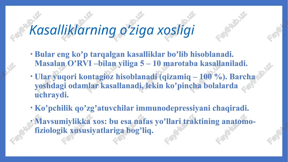 ti yog' qavatining shishishi bilan kechadi (tomoq, burun kam uchraydi). 4. mikst bo'g'ma (streptobo'g’ma, bo'g'ma +suvchechak va boshqalar). 5. mahalliy jarayon namoyon bo'lishi darajasi va xarakteri bo'yicha: tipik va atipik turlarga bo'linadi. 6. og'irligiga qarab kasallik: yengil, o‘rta og'ir va og'ir darajalarga bo'linadi. laborator tekshiruv usullari 1. bakteriologik tekshiruv katta ahamiyatga ega. antibiotiklar bilan davolashni boshlashdan oldin 2 marta kun oralatib bakteriologik tekshiruv o'tkazish kerak. bemordan olgan surtmalar zararlangan joydan paxtali tampon bilan yig'iladi, materiallarni selektiv ozuqa muhitlarga (leffler, klauberg) ekiladi va 48-72 soat o'tgach qo'zg'atuvchi aniqlanadi. angina va bo'g'maga shubha qilingan bemorlardan materialni bemor murojaat qilingan vaqtdan boshlab 3-4 soat (12 soatdan oshmasligi kerak) ichida olish kerak. steril paxtali tampon bilan burun, halqum, bodomcha bezlardan shilliq va pardalar olinadi. tamponlar material olingandan keyin 3 soat ichida laboratoriyaga o'tkazilishi kerak. uzoq masofalarga tashish uchun 5% gliserin bilan ho'llangan tamponlarni ishlatish mumkin. bodomcha bezlar, halqum, burun yoki boshqa zararlangan joylardan olingan …