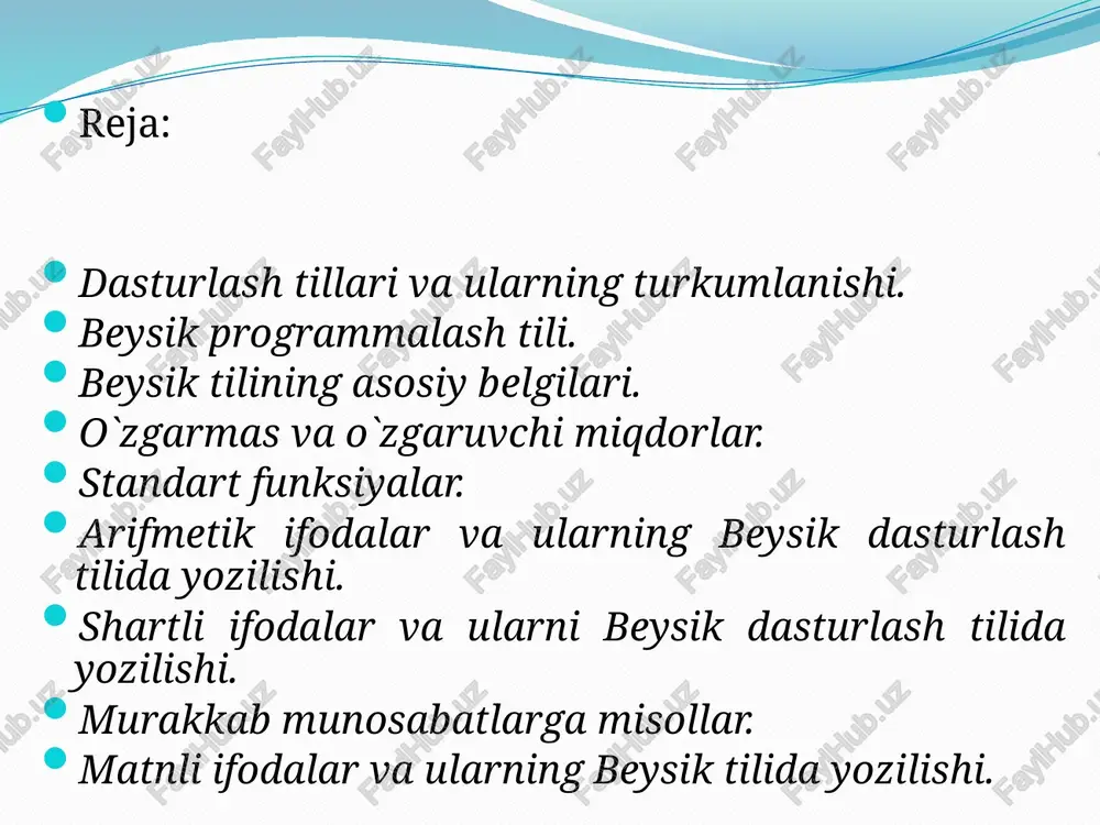 ablararo o`quv ishlab chiqarish kombinati xodimlari hamkorligida yaratilgan bo`lib, uning tarkibida “robik”, “rapira”, “shpaga” kabi til va sistemalar mavjud. “robik” tilining birinchi ko`rinishi 1975 yilda yaratilgan bo`lib, kichik va o`rta yoshdagi (8-11 yosh) maktab o`quvchilarini dasturlashga o`rgatishga mo`ljallangan. “rapira ” tilining birinchi ko`rinishi 1978 – 1979 yillarda yaratilgan bo`lib, o`rta va yuqori yoshdagi (11 – 17 yosh) maktab o`quvchilariga mo`ljallangan. bu ikki tilda dasturlar rus tilida yoziladi. “shpaga” sistemasi grafik chizish uchun mo`ljallangan sistemadir. beysik tilining nomi inglizcha basic (beginner’s all-purpose sumbolic instruction code) ning o`qilishiga mos kelib, boshlovchilar uchun belgili ko`rsatmalarning universal kodi (tili) degan ma`noni anglatadi. 1963 yil may oyida beysik tili “general electric” firmasining datanet-30, ge-225, ge-235 kabi kompyuterlarida qo`llana boshlandi. shuni ta`kidlash lozimki, beysik tili shu paytlarda mavjud bo`lgan fortran, algol, ioss, corc kabi dasturlash tillari asosida yaratilgan bo`lib, bu tillarning ayrim elementlarini o`z ichiga olgan. kemeni va kurts tomonidan yaratilgan 1964 yilda chop etilgan beysik …